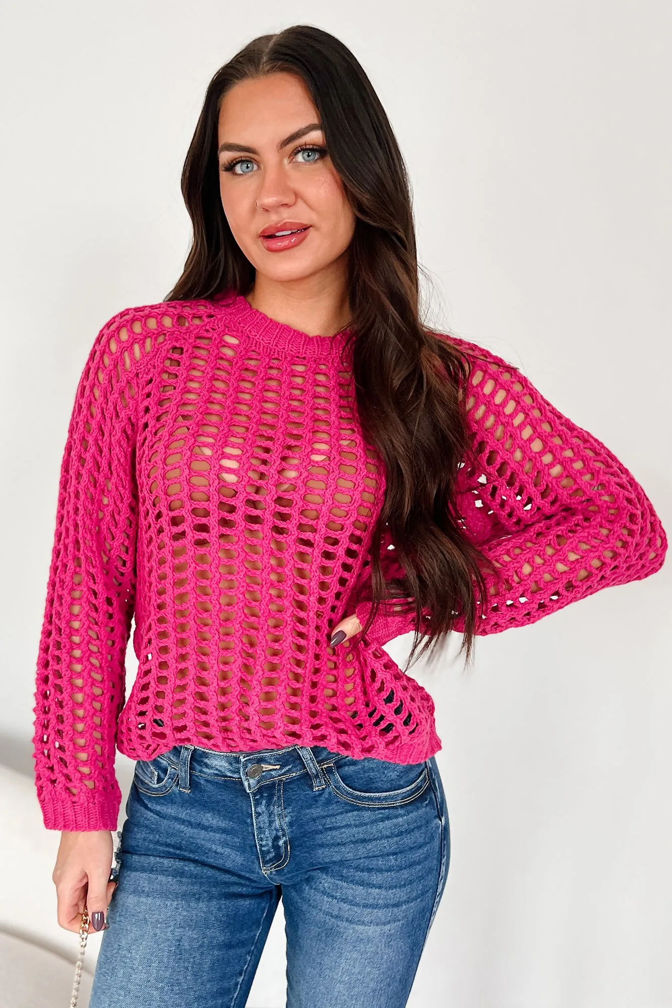 Castillo Hollow Knit Sweater Top (Hot Pink)