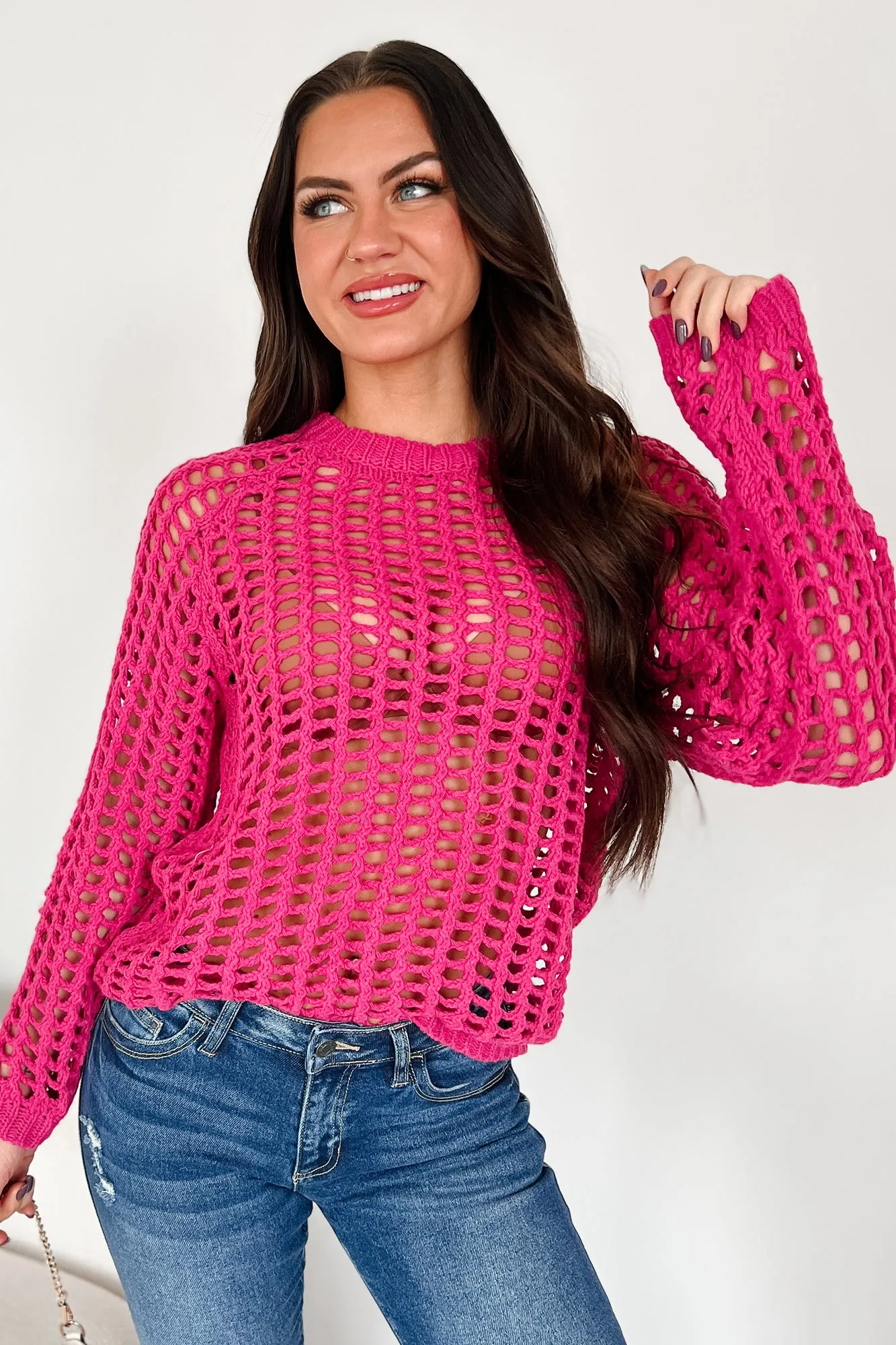 Castillo Hollow Knit Sweater Top (Hot Pink)