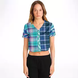 Cerulean Paisley Plaid Cropped Button Front Jersey