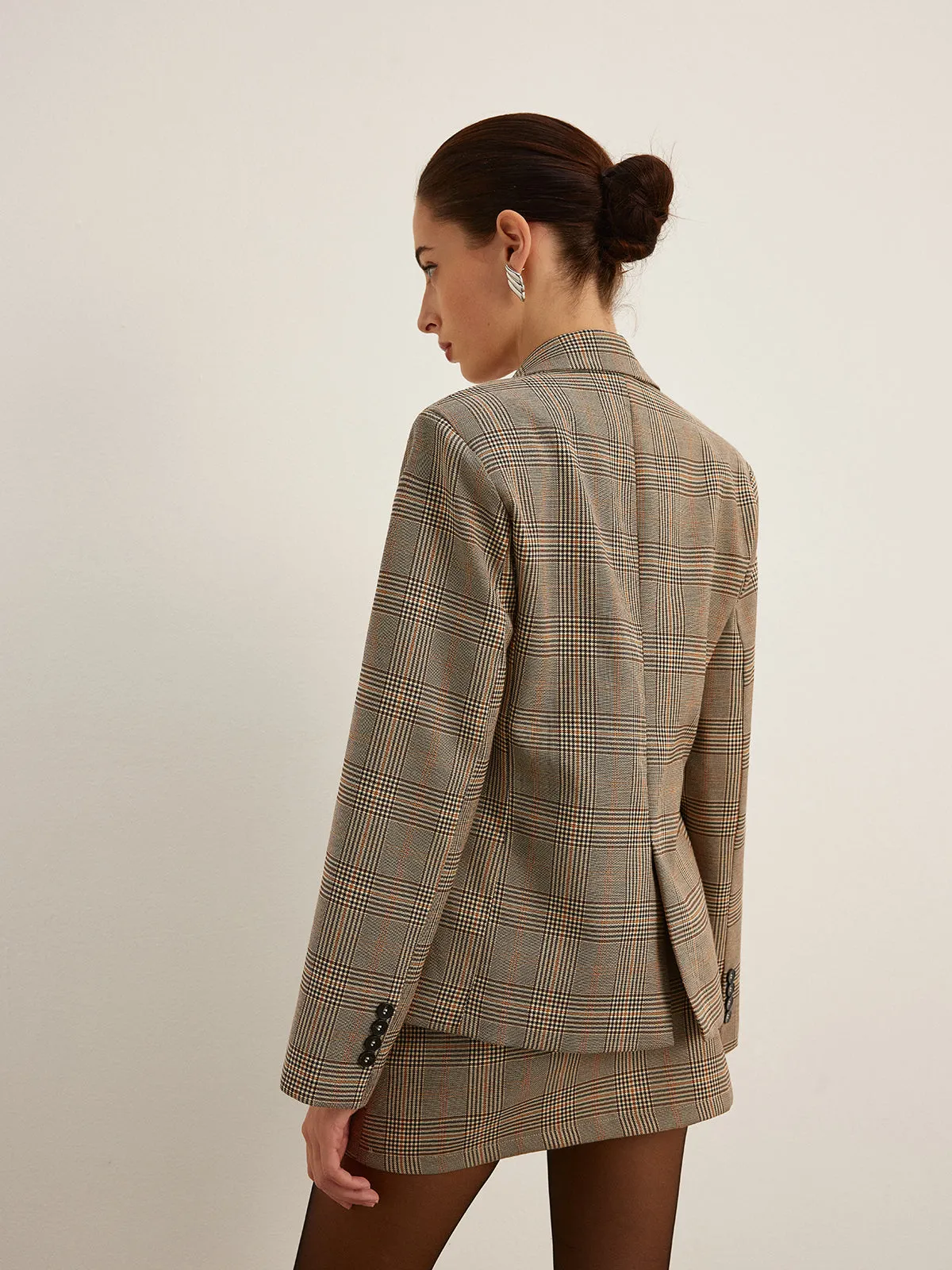 Checked Button Slit Blazer