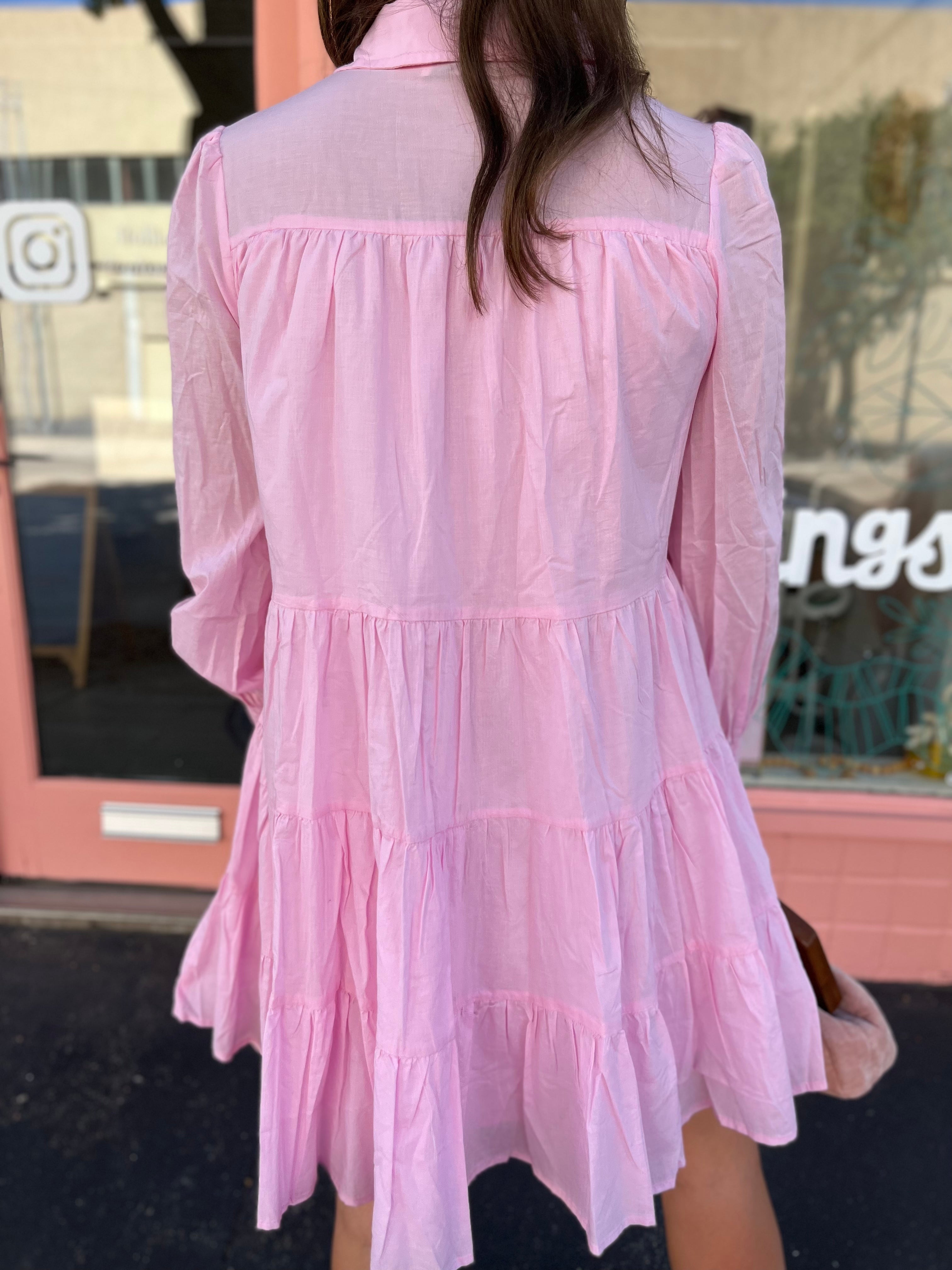 Collared Button Down Mini Dress- Pink