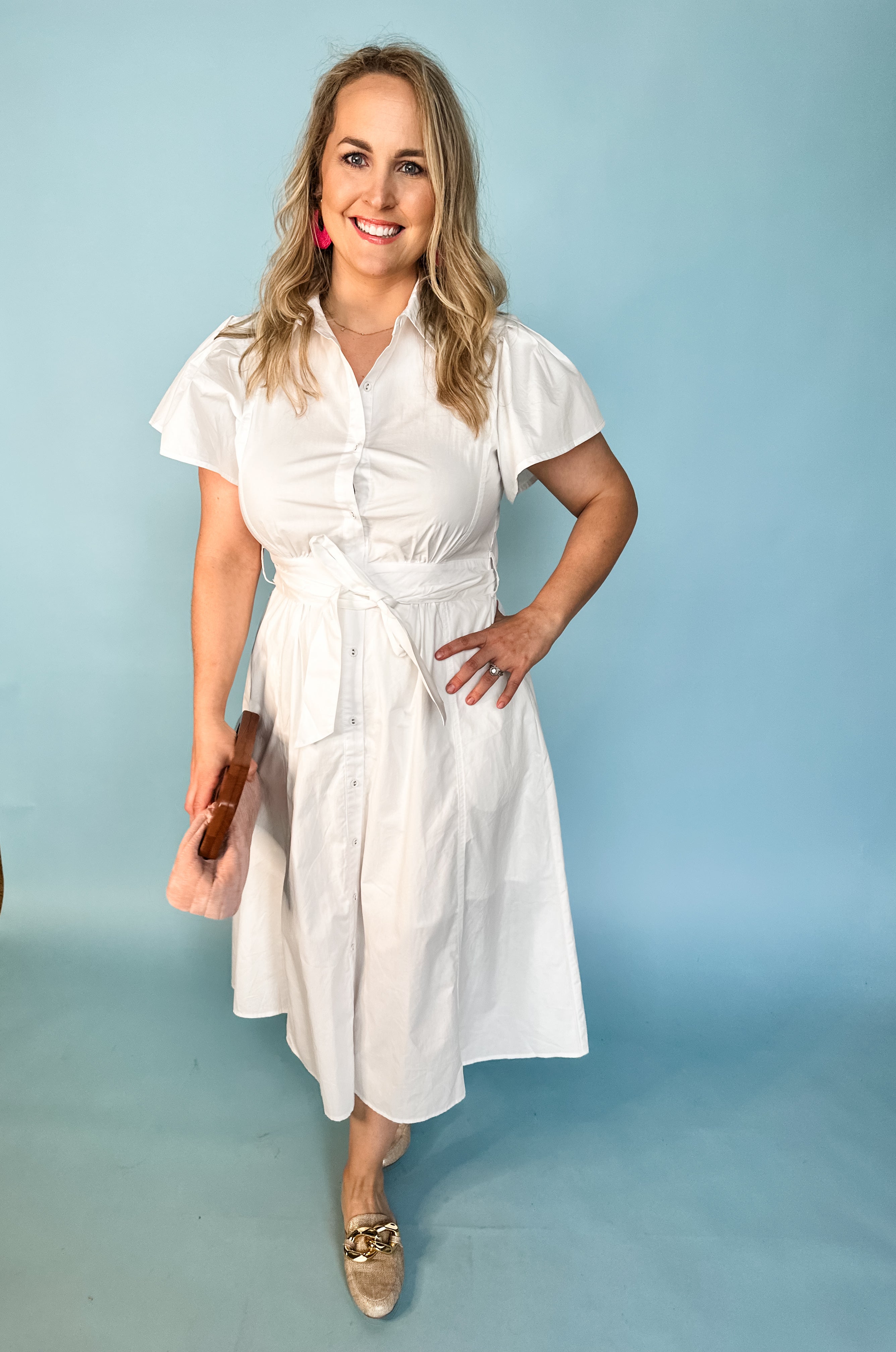 Collared Short Sleeve Midi Dress - Off White