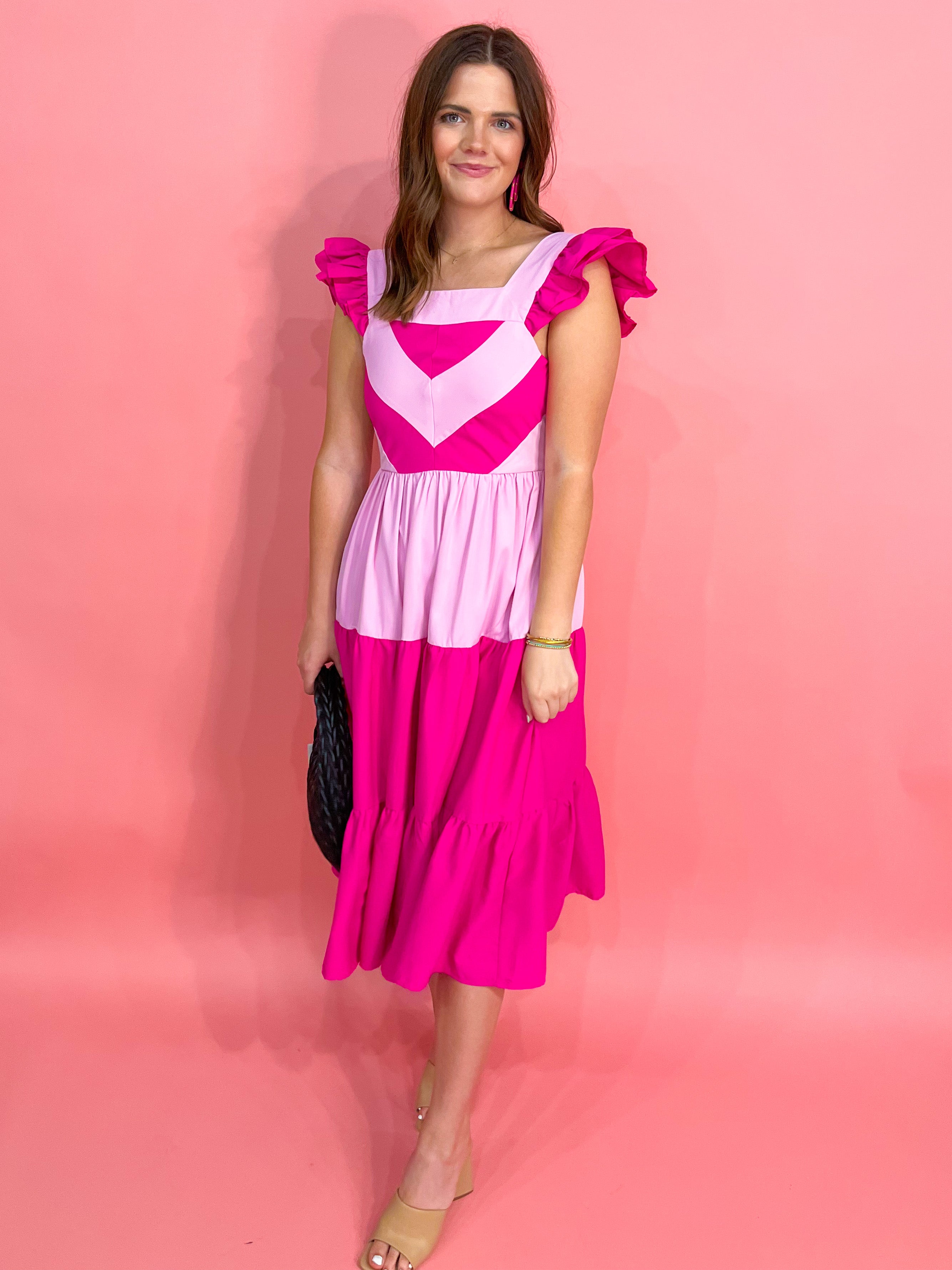 Colorblock Ruffle Sleeve Tiered Midi Dress- Pink