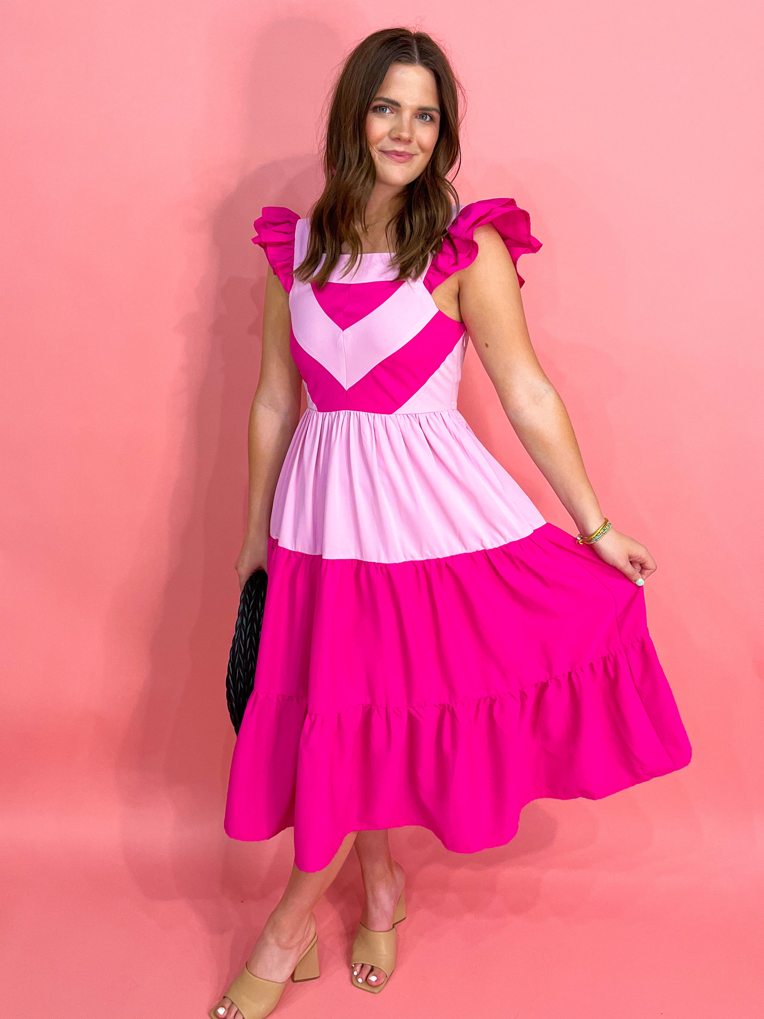 Colorblock Ruffle Sleeve Tiered Midi Dress- Pink