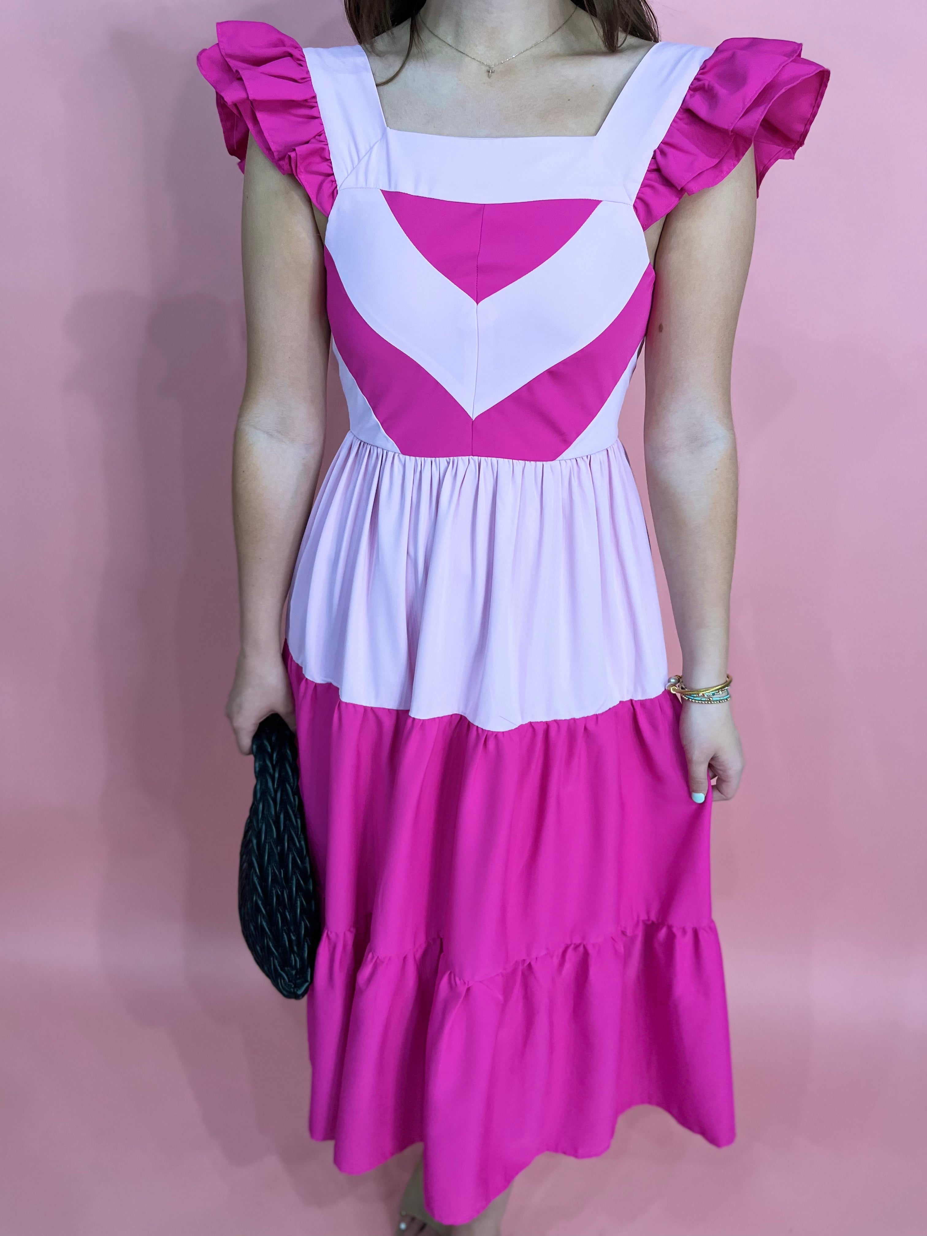 Colorblock Ruffle Sleeve Tiered Midi Dress- Pink