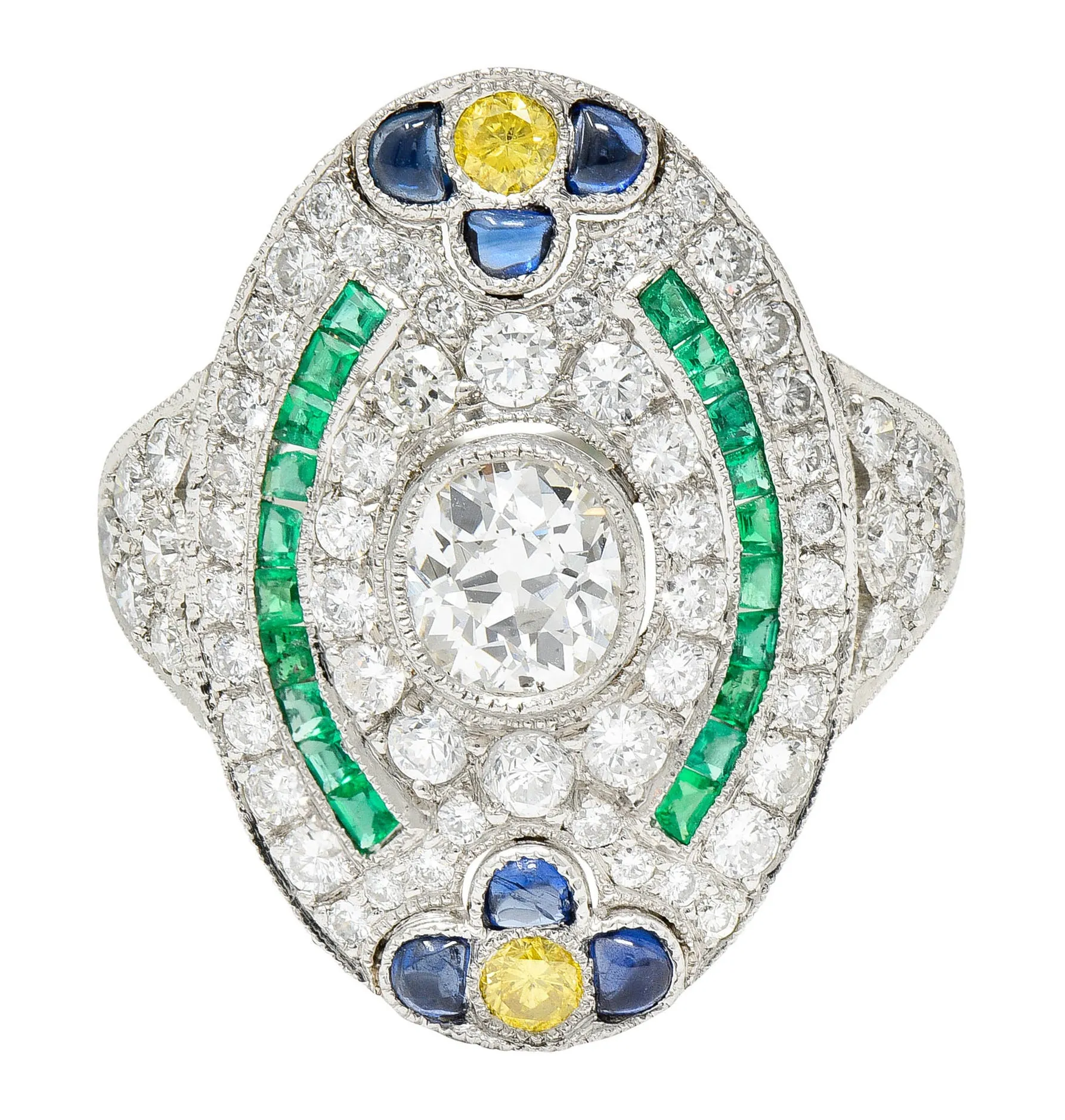 Contemporary 3.15 CTW Diamond & Fancy Diamond Emerald Sapphire Platinum Dinner Ring