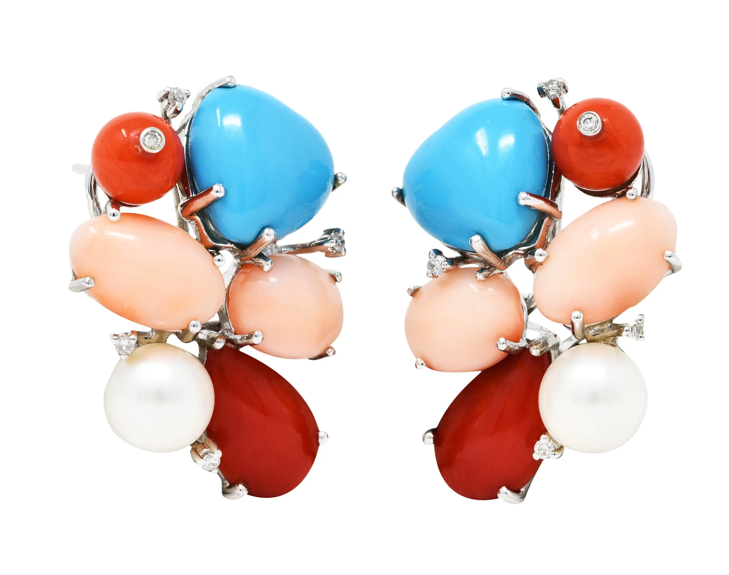 Coral Pearl Diamond Turquoise 18 Karat White Gold Cluster Earrings