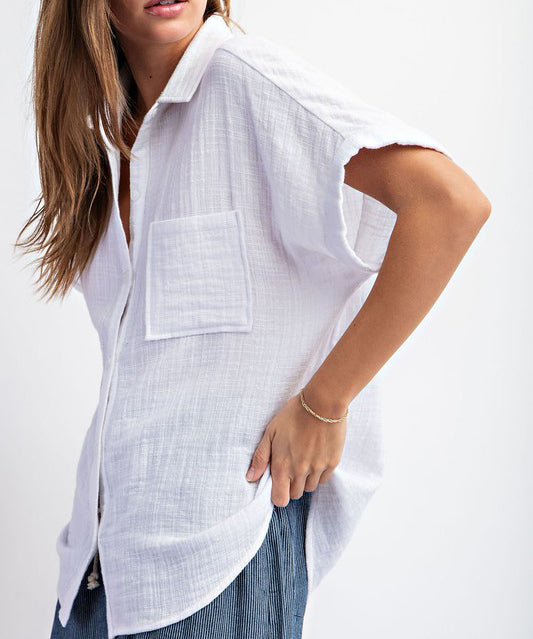 Cotton Gauze Button Down Top - Off Whte