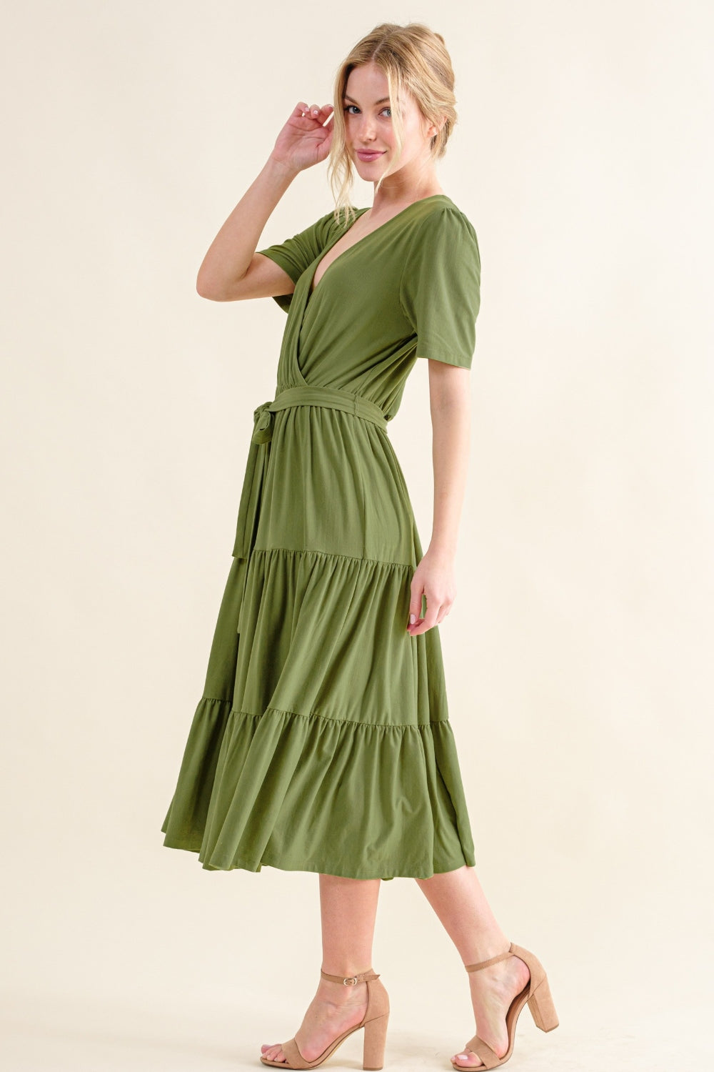 Dark Green Soft Short Sleeve Tiered Midi Dress