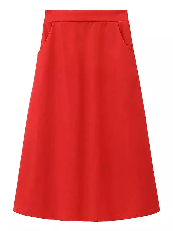 Elegant A Line Swing Midi Skirt with Pockets in Wine Black Red for Women's Fashion