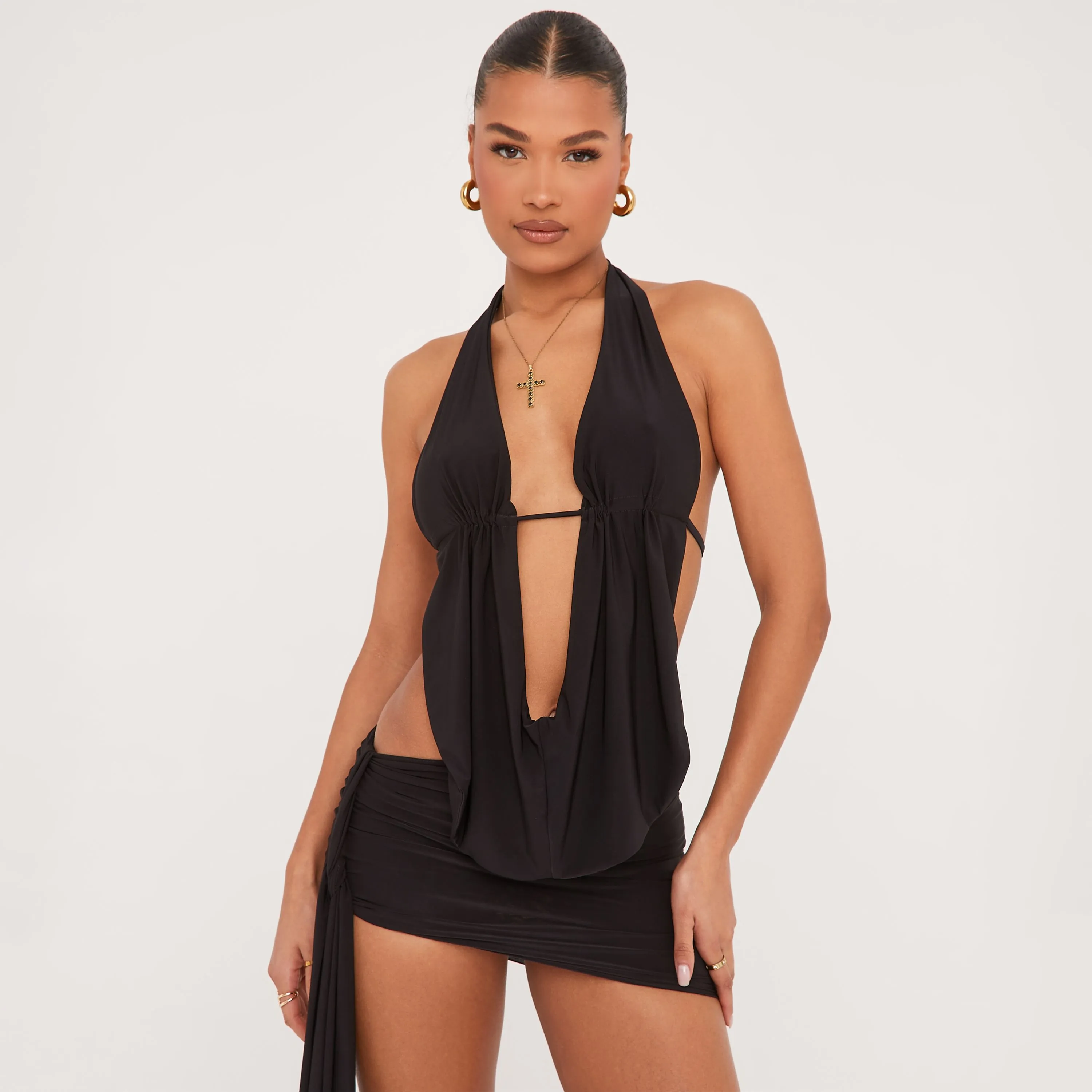 Extreme Cowl Halterneck Open Back Top And Drape Detail Micro Mini Skirt Co-Ord Set In Black Slinky