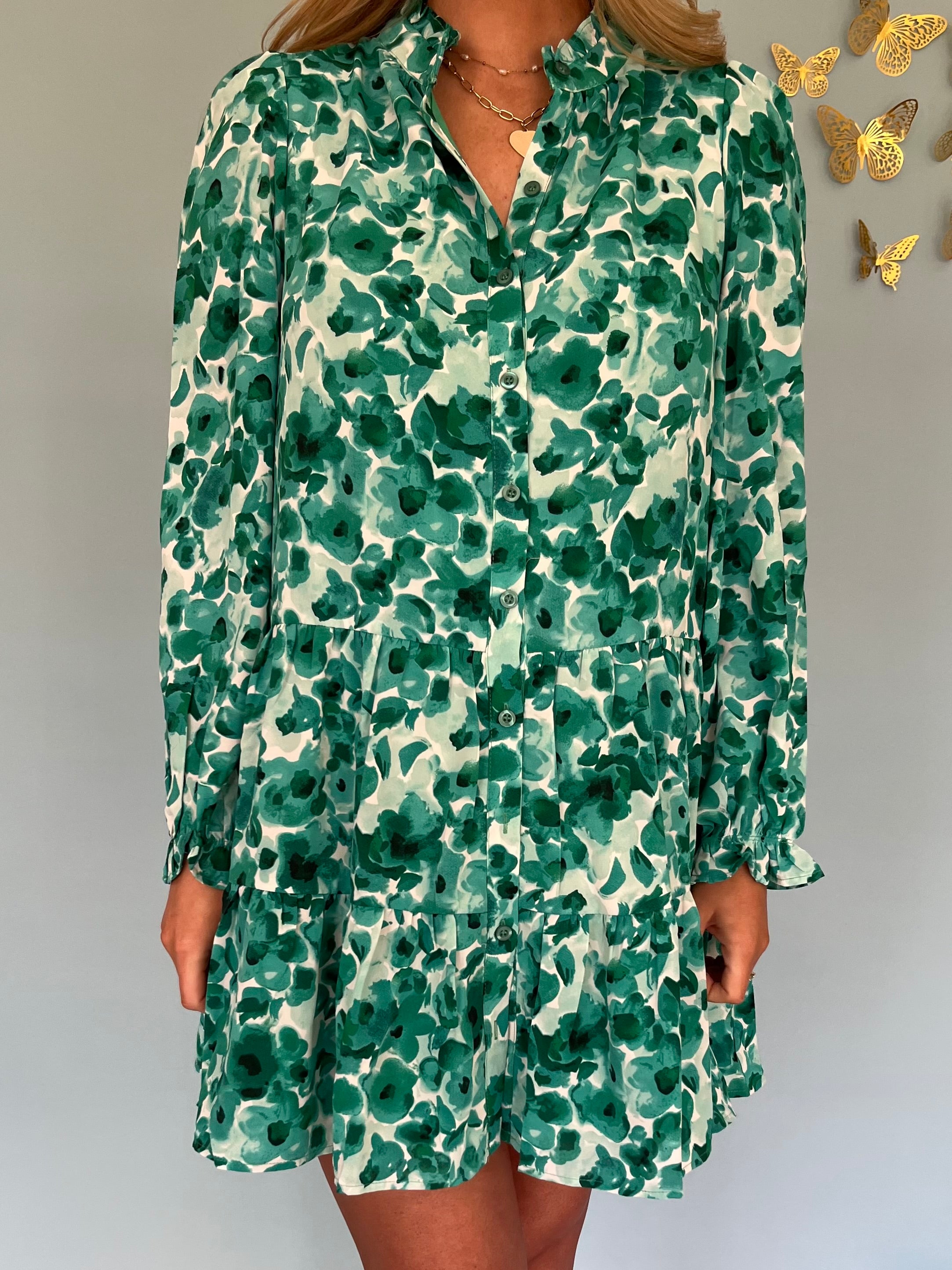 Floral Long Sleeve Dress- Green