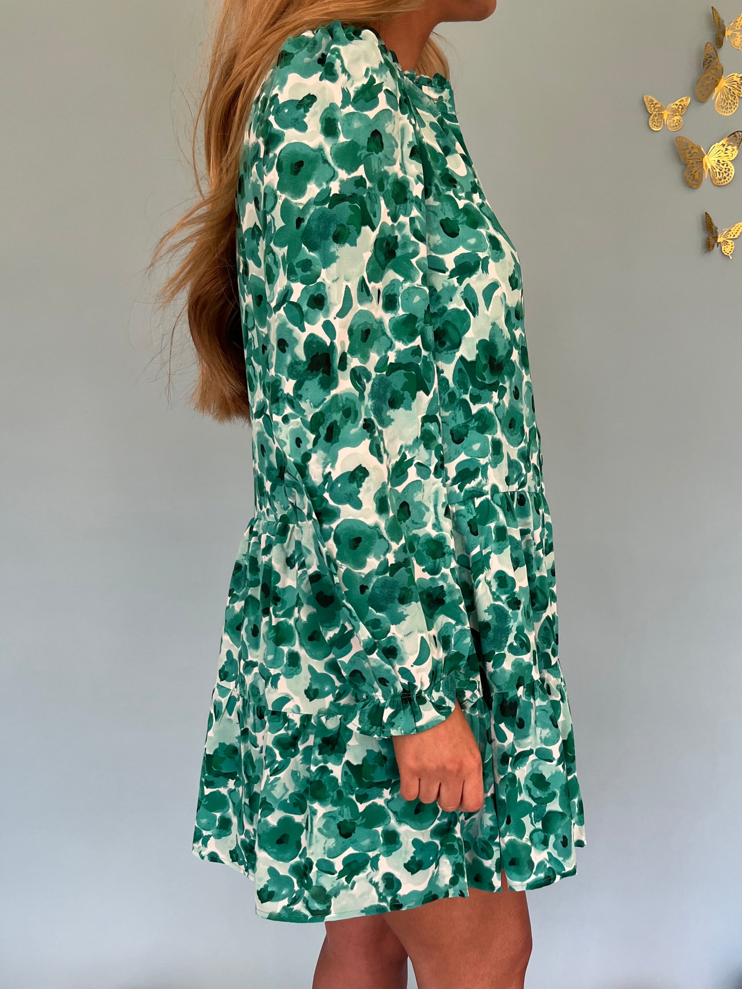 Floral Long Sleeve Dress- Green