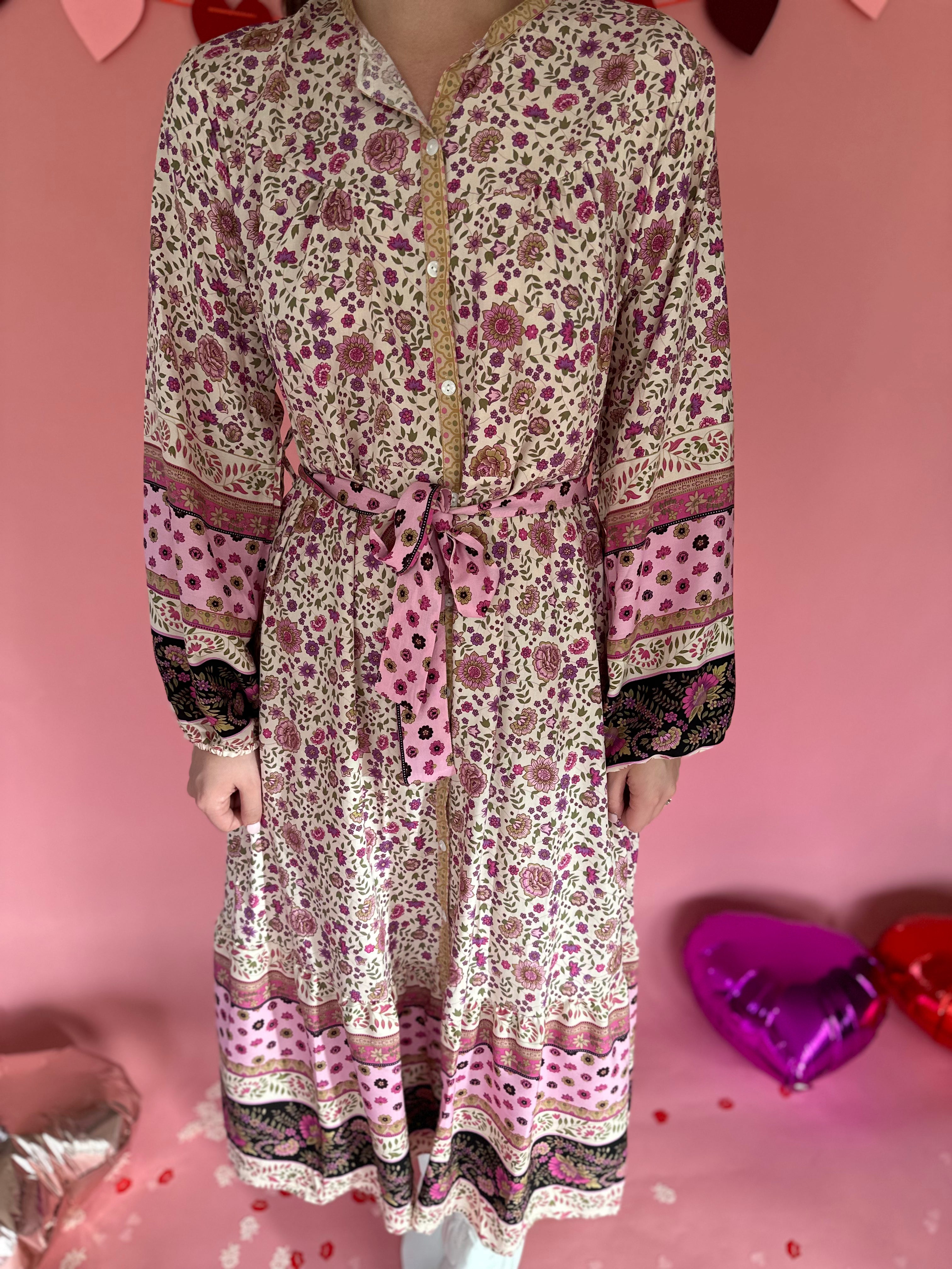 FLORAL PRINT LONG SLEEVE DRESS- PINK