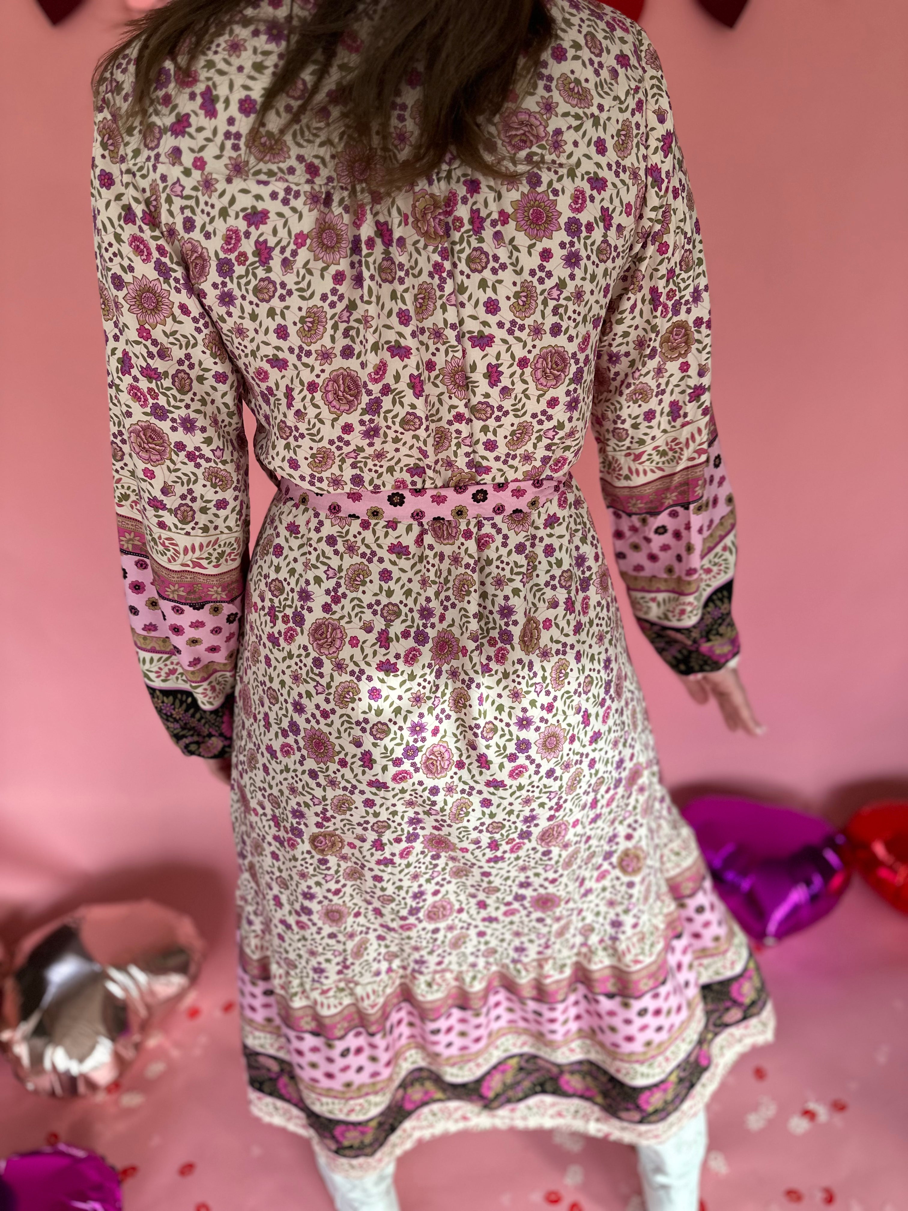 FLORAL PRINT LONG SLEEVE DRESS- PINK