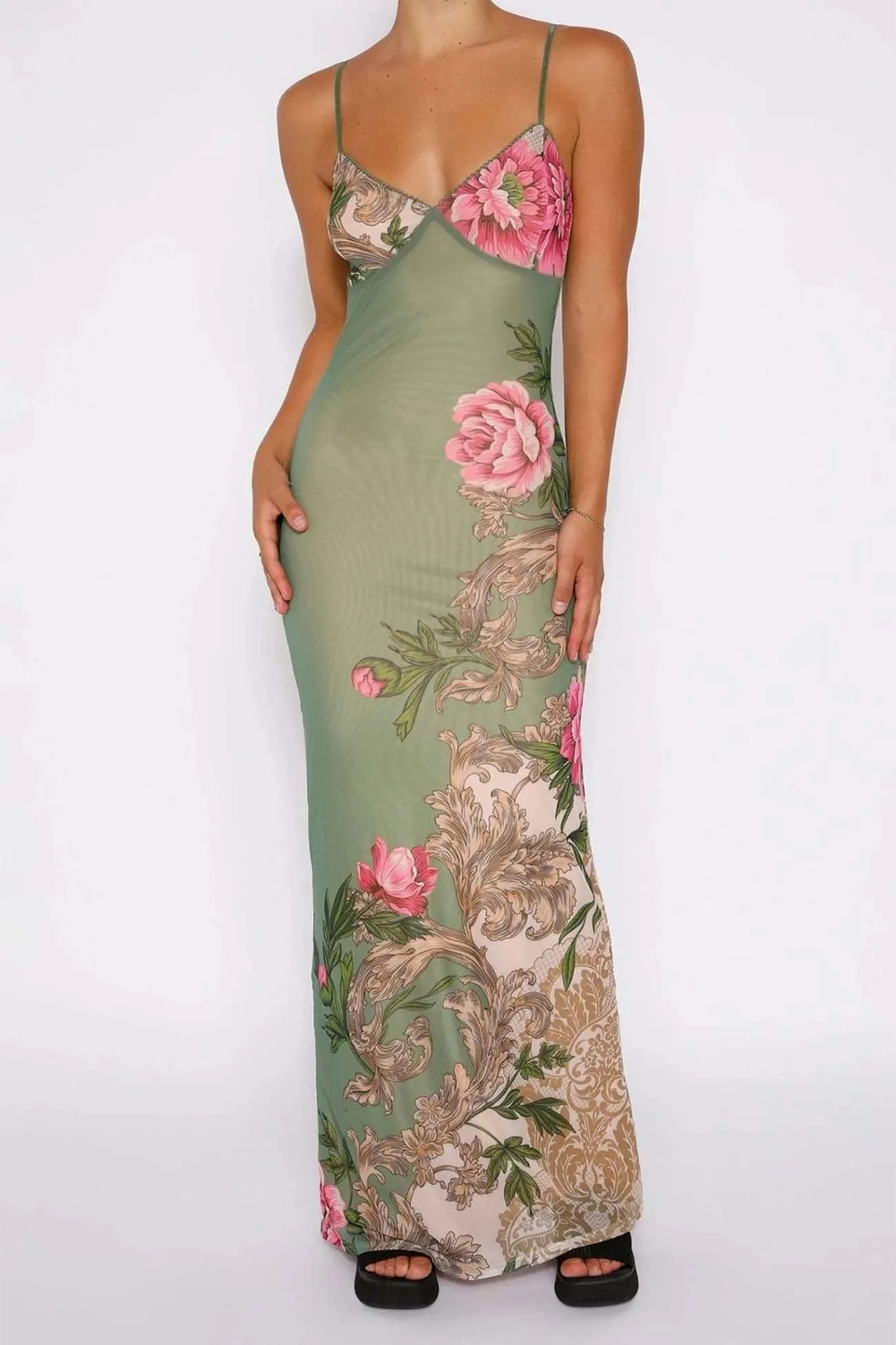 Floral Printed Backless Bodycon Dress