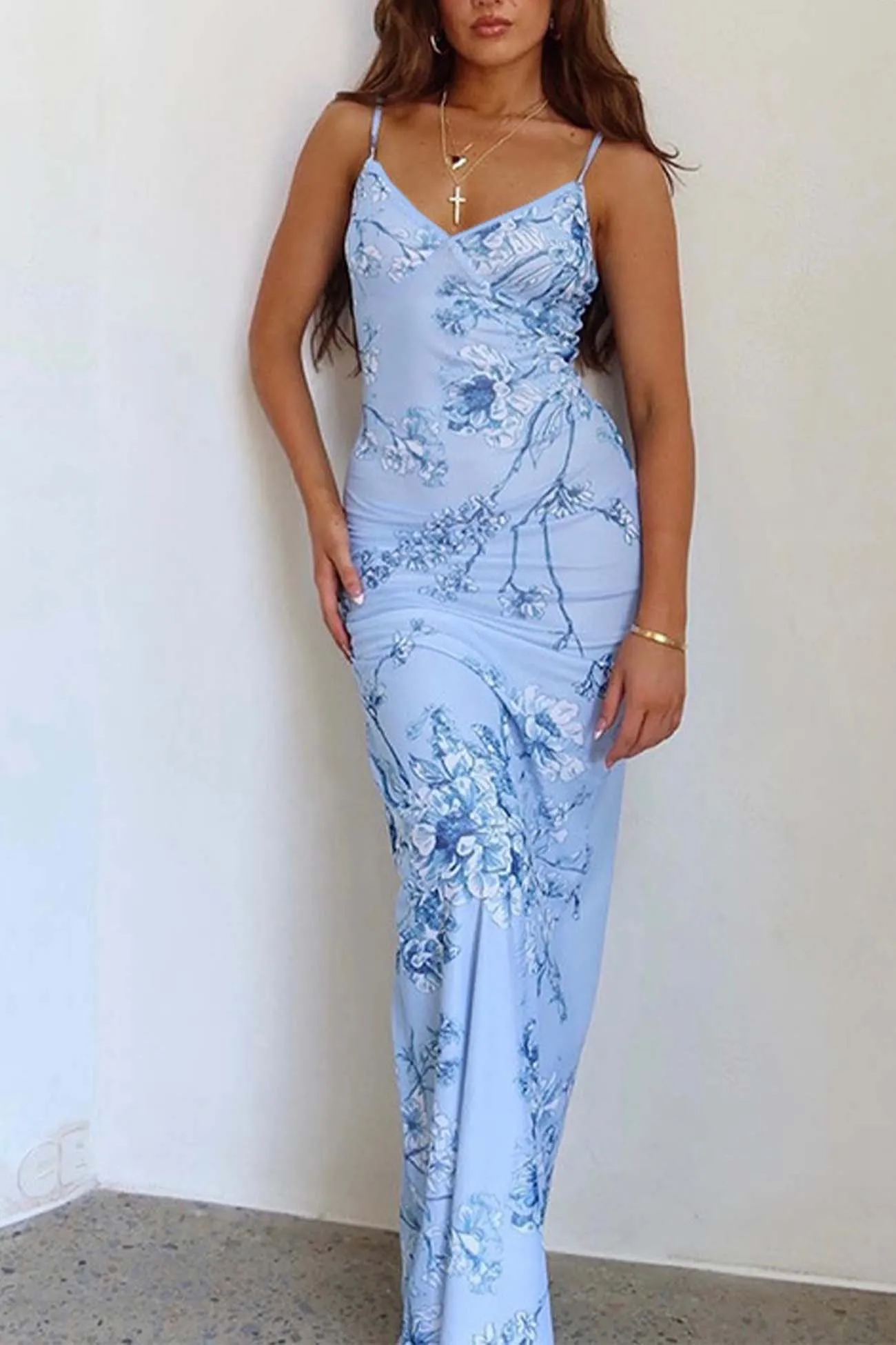 Floral Printed Backless Bodycon Dress