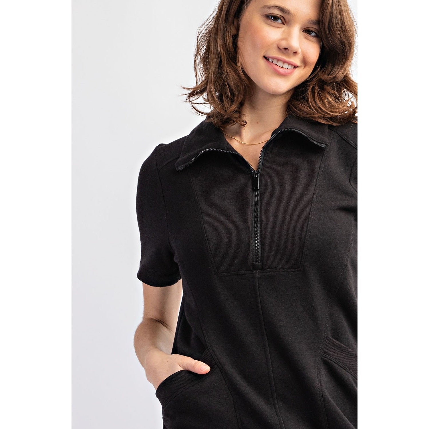 French Terry Short Sleeve Quarter Zip Dress with Collar- Black