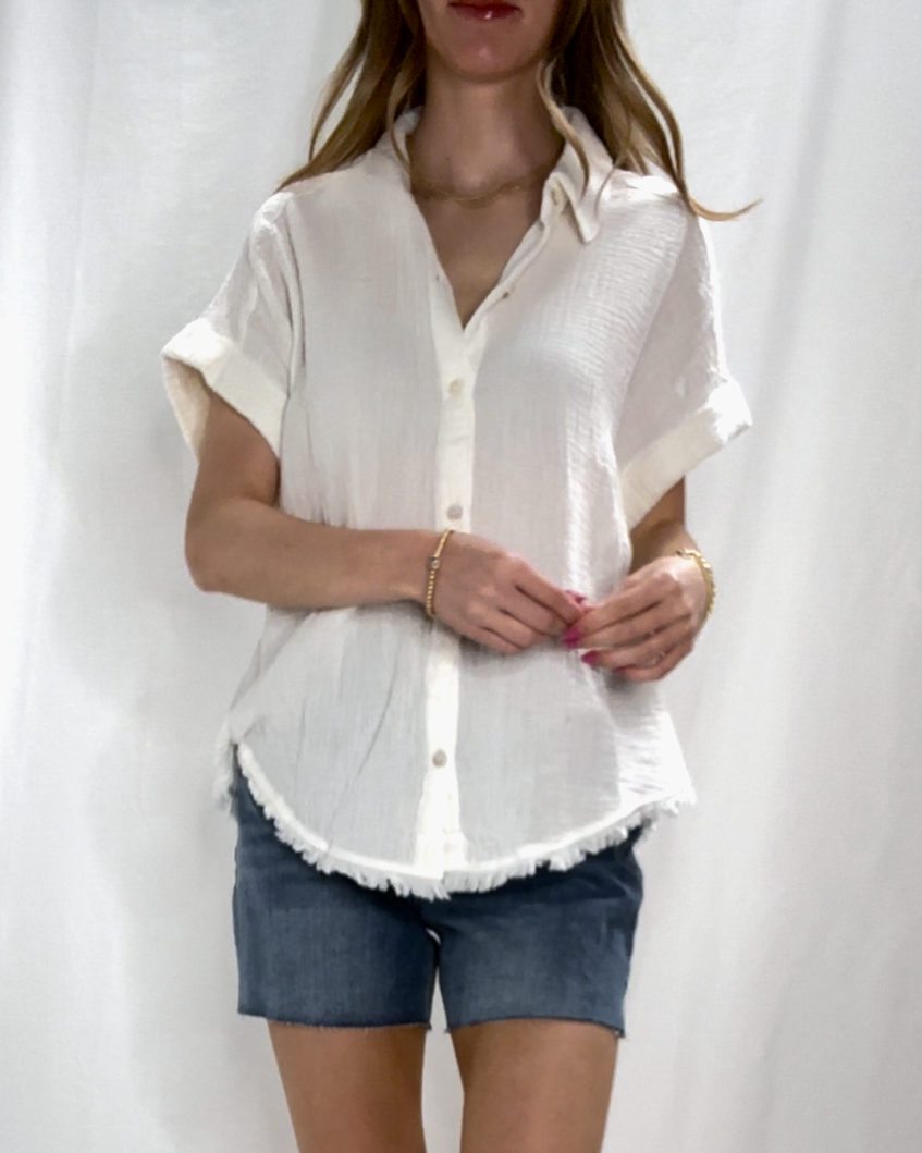 Fringe Hem Button Down Top - White