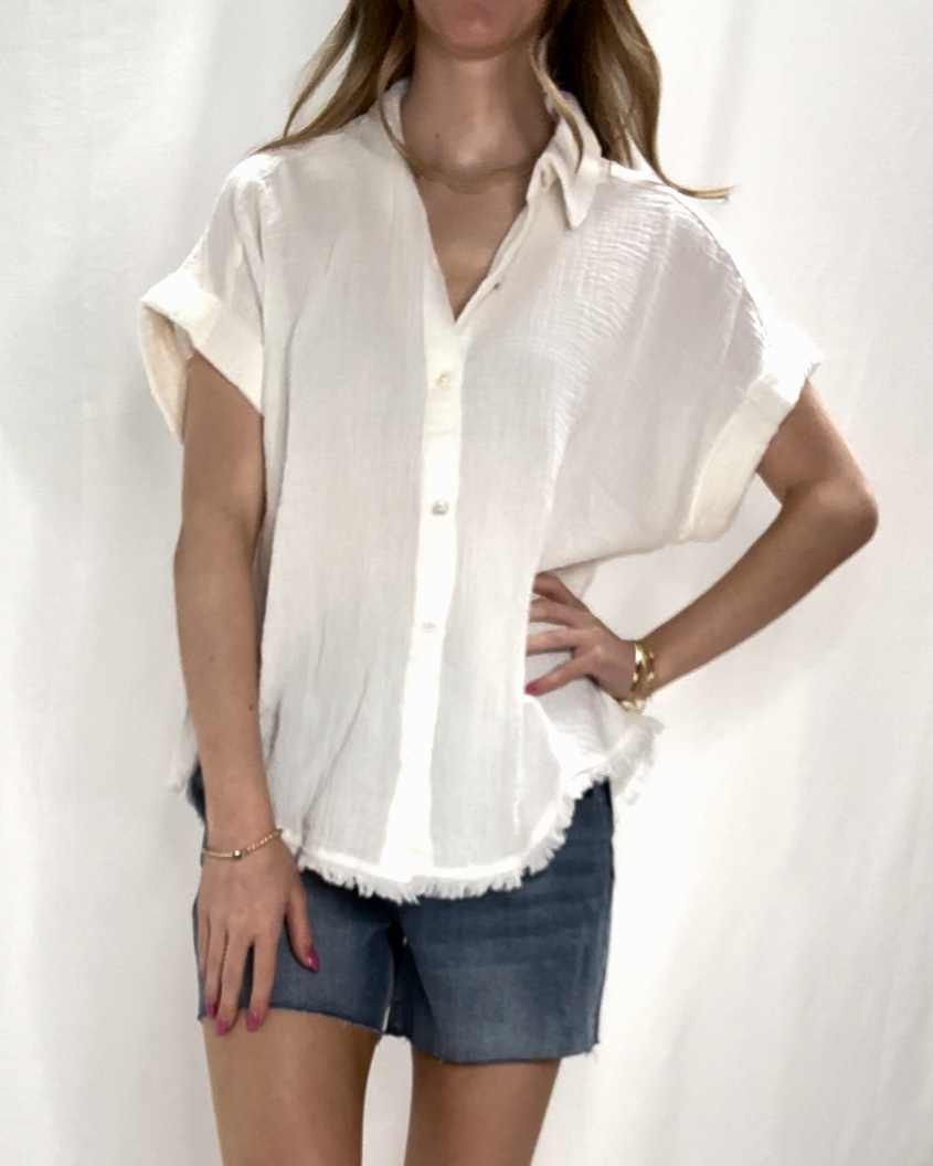 Fringe Hem Button Down Top - White