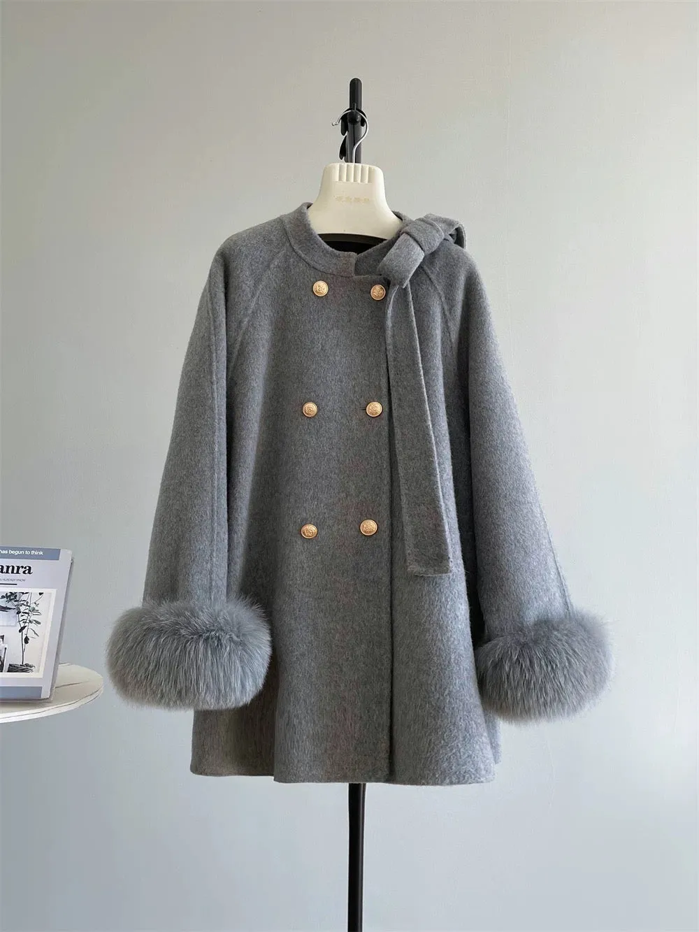 Girl's Promise Cape woolen coat female gold button bow double-sided cashmere coat A482