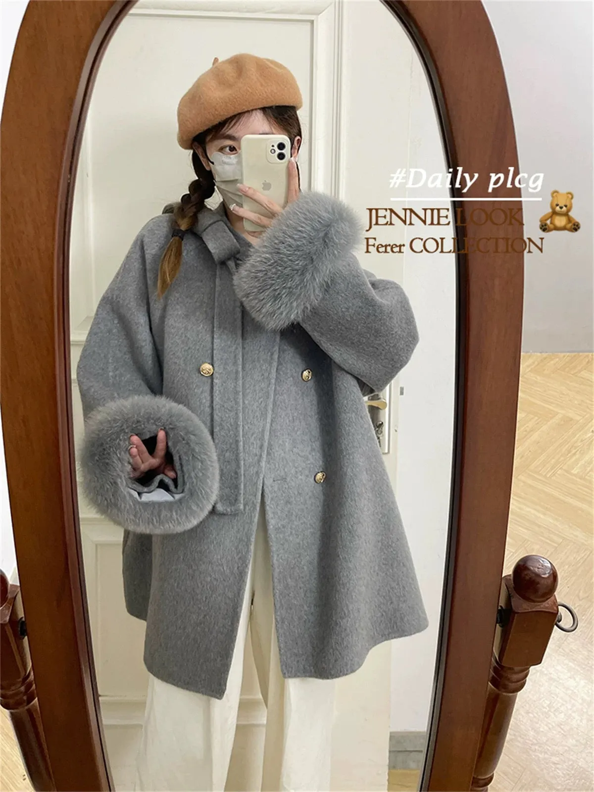 Girl's Promise Cape woolen coat female gold button bow double-sided cashmere coat A482