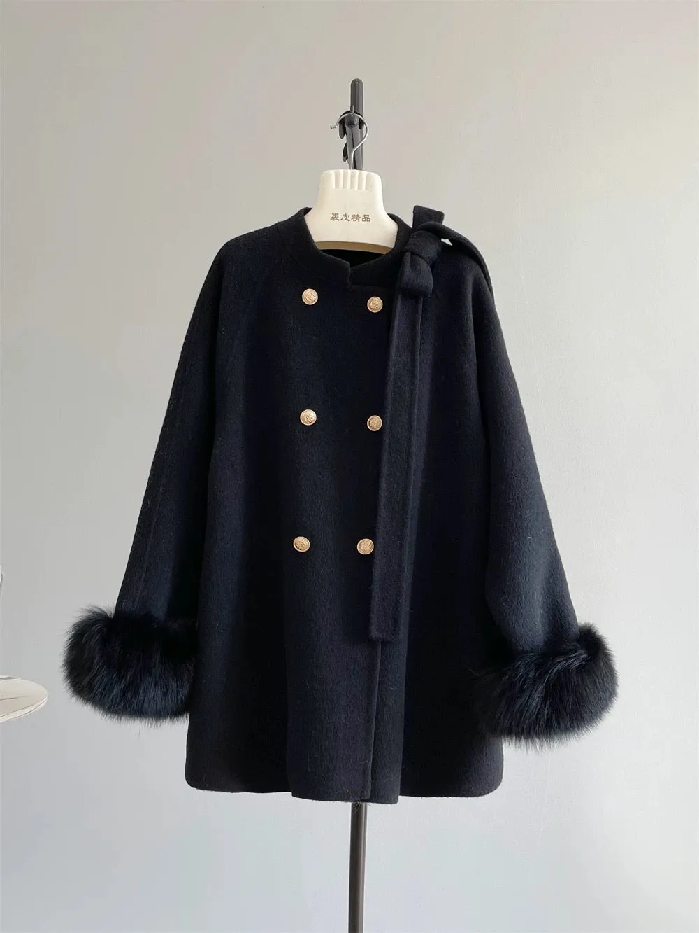 Girl's Promise Cape woolen coat female gold button bow double-sided cashmere coat A482