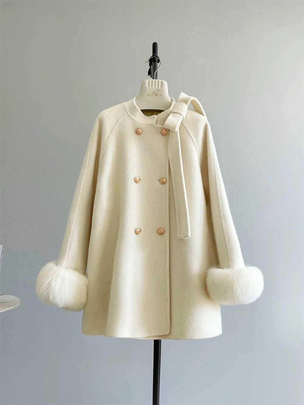 Girl's Promise Cape woolen coat female gold button bow double-sided cashmere coat A482