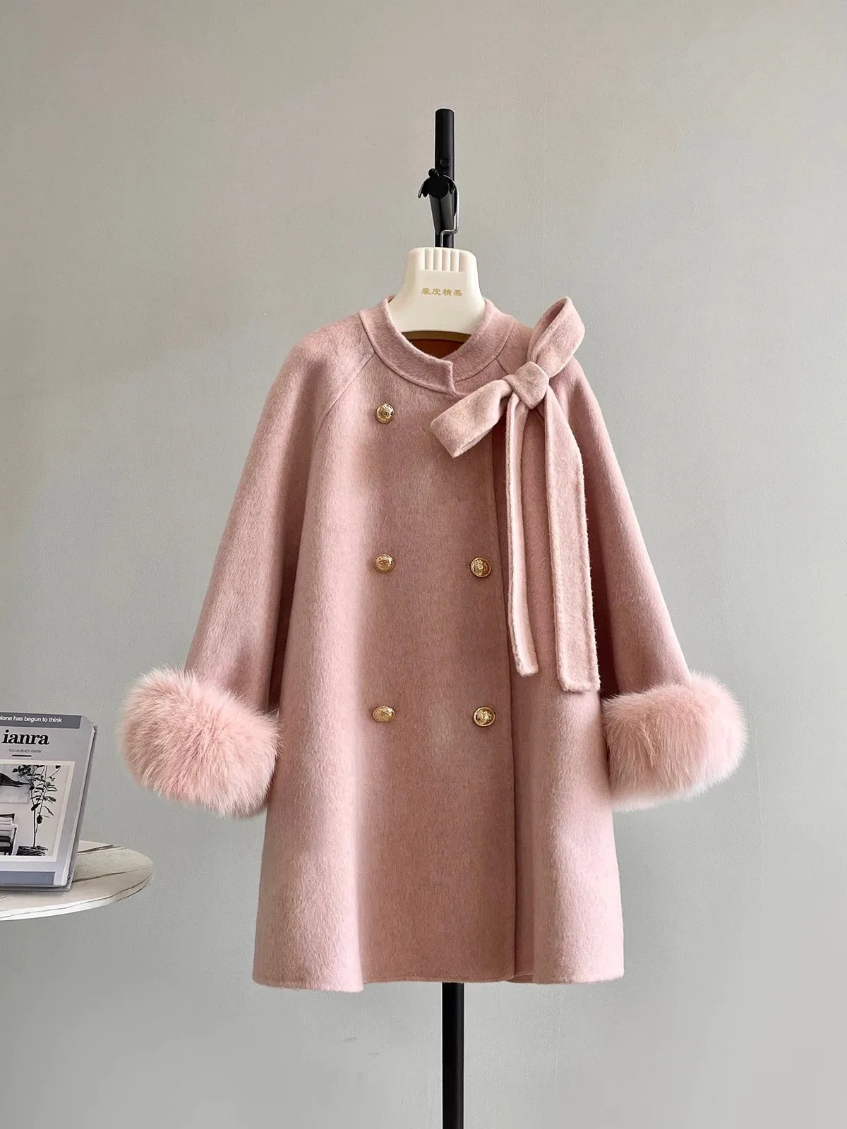 Girl's Promise Cape woolen coat female gold button bow double-sided cashmere coat A482