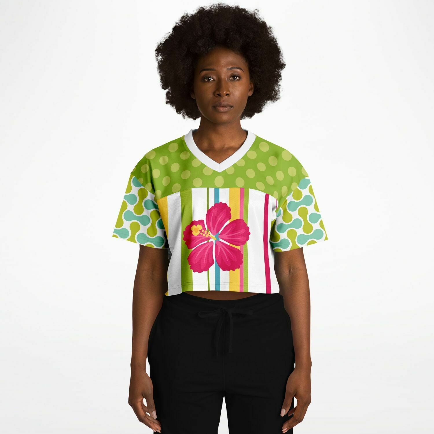 Green Anjou Pear Striped Floral Crop Jersey