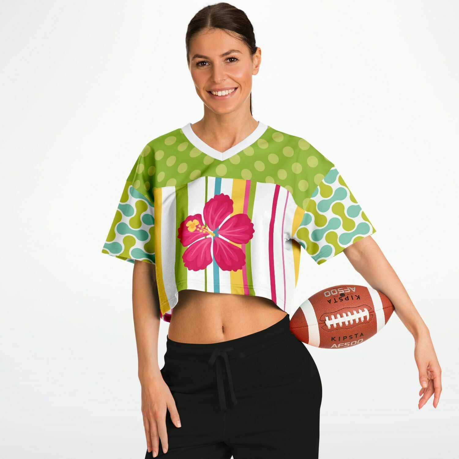 Green Anjou Pear Striped Floral Crop Jersey