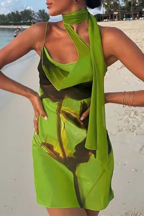 Green Ribbon Printed Bodycon Cami Dress