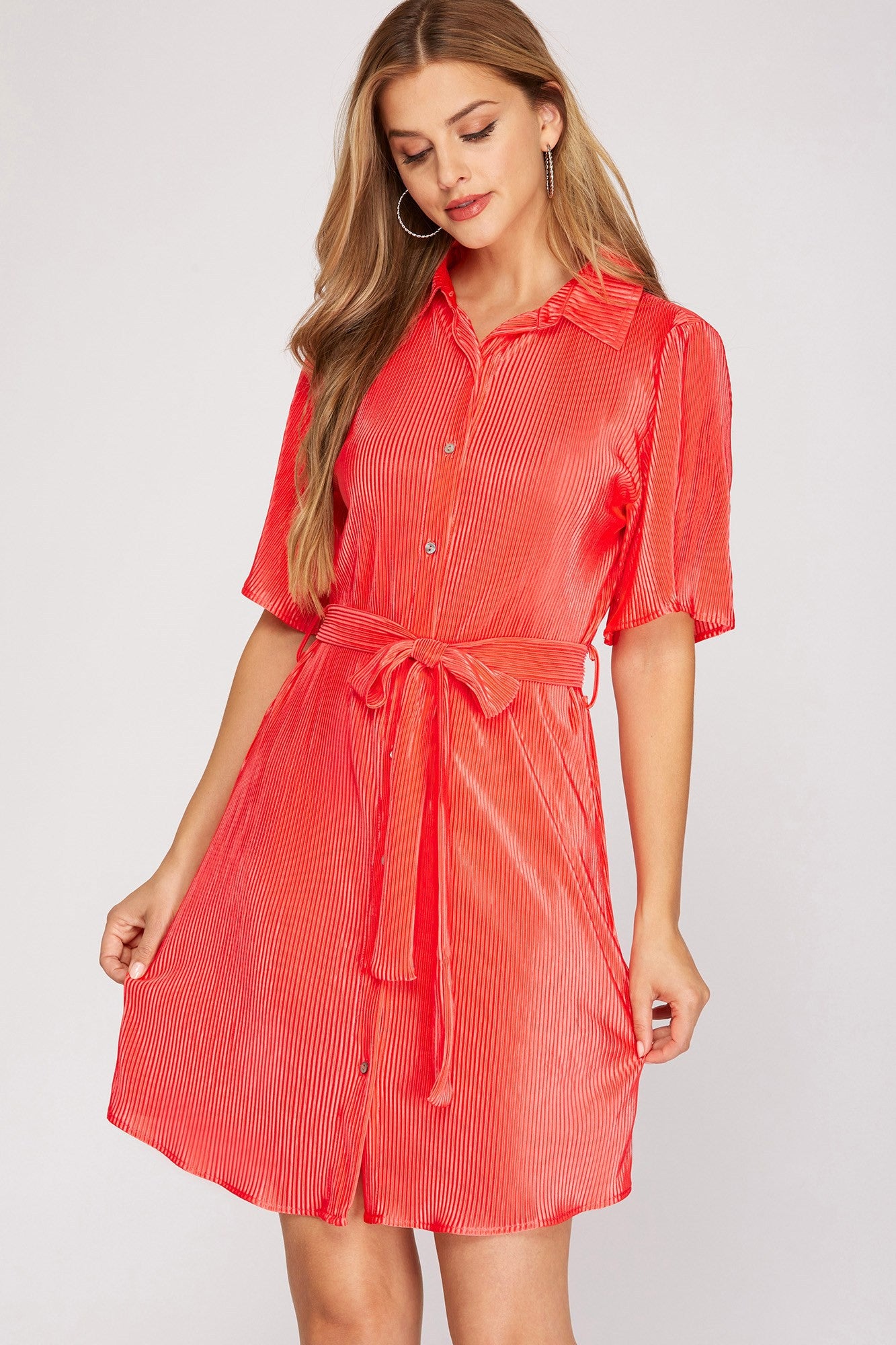 HALF SLEEVE PLISSE WOVEN BUTTON DOWN DRESS- CORAL