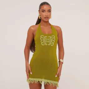 Halterneck Swirl Detail Contrast Tassel Mini Bodycon Dress In Green Knit