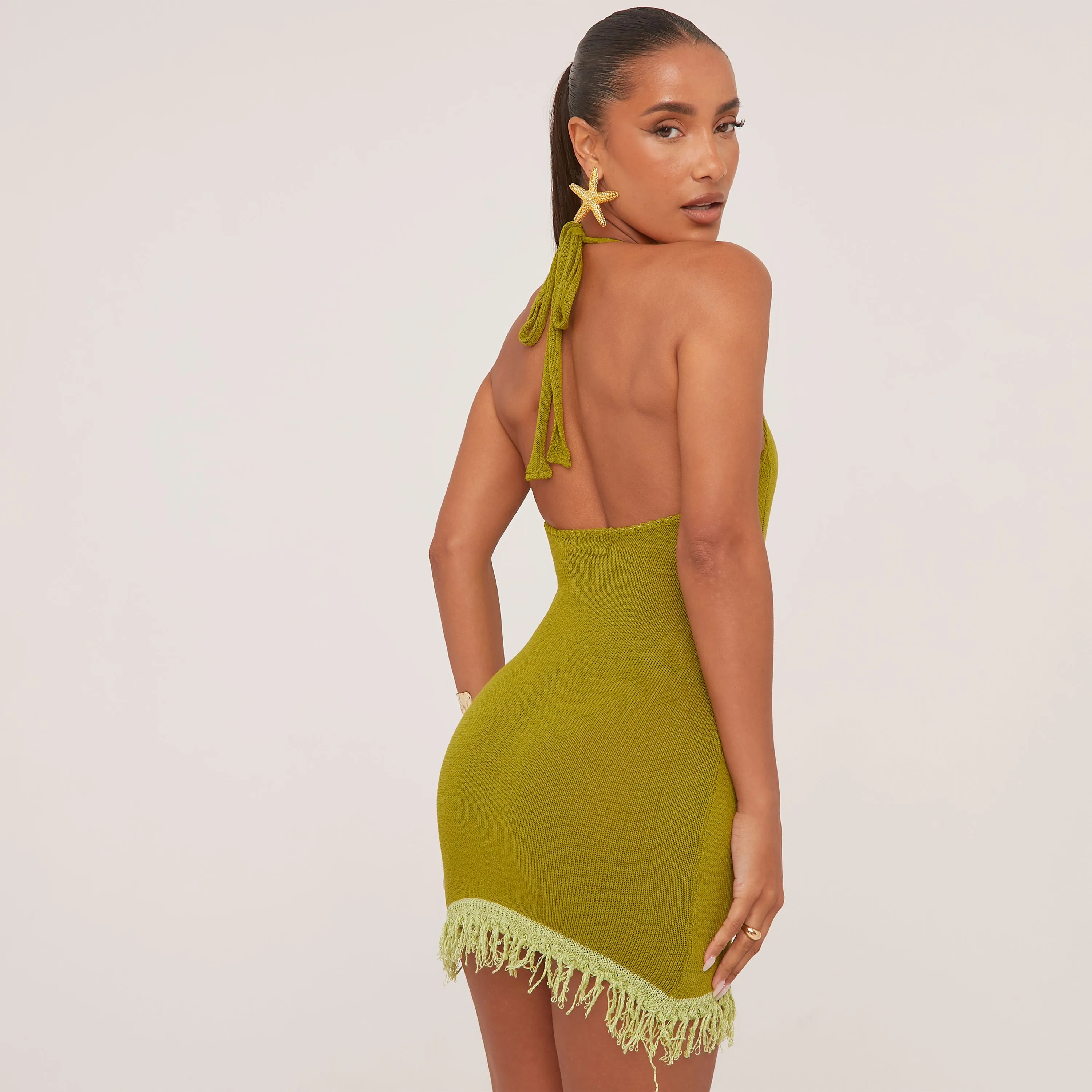 Halterneck Swirl Detail Contrast Tassel Mini Bodycon Dress In Green Knit