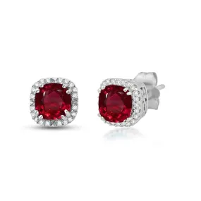 Jewelili 10K White Gold with Cushion Cut Created Ruby and 1/10 CTTW Round Natural White Diamonds Halo Stud Earrings