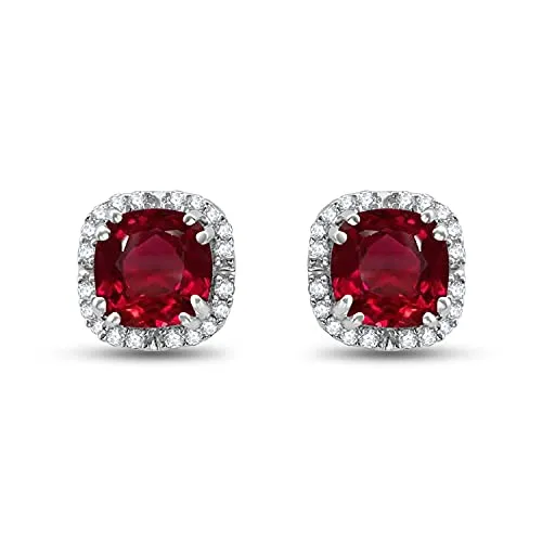 Jewelili 10K White Gold with Cushion Cut Created Ruby and 1/10 CTTW Round Natural White Diamonds Halo Stud Earrings