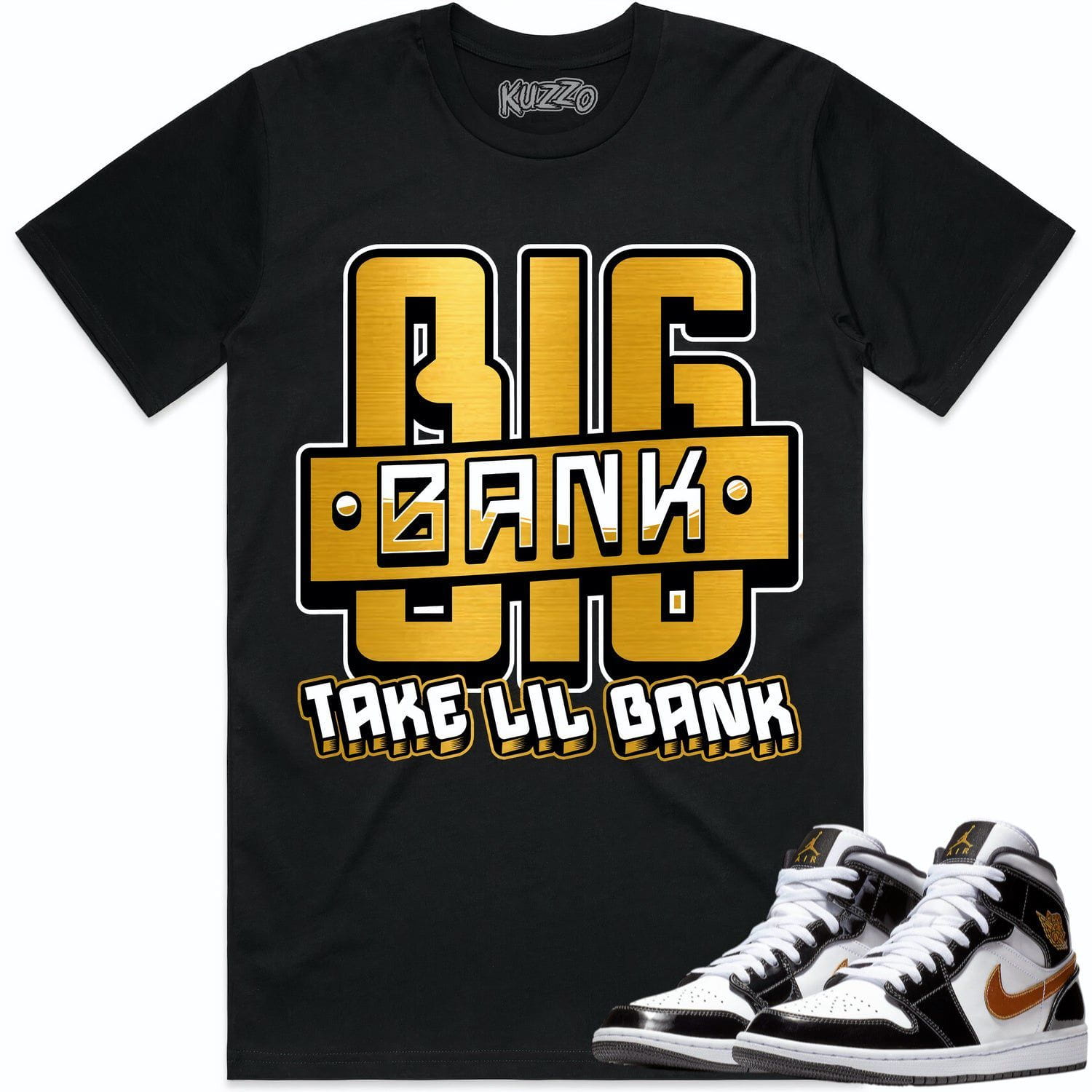 Jordan 1 Mid Patent Black Metallic Gold Shirt to Match - GOLD METALLIC BIG BANK