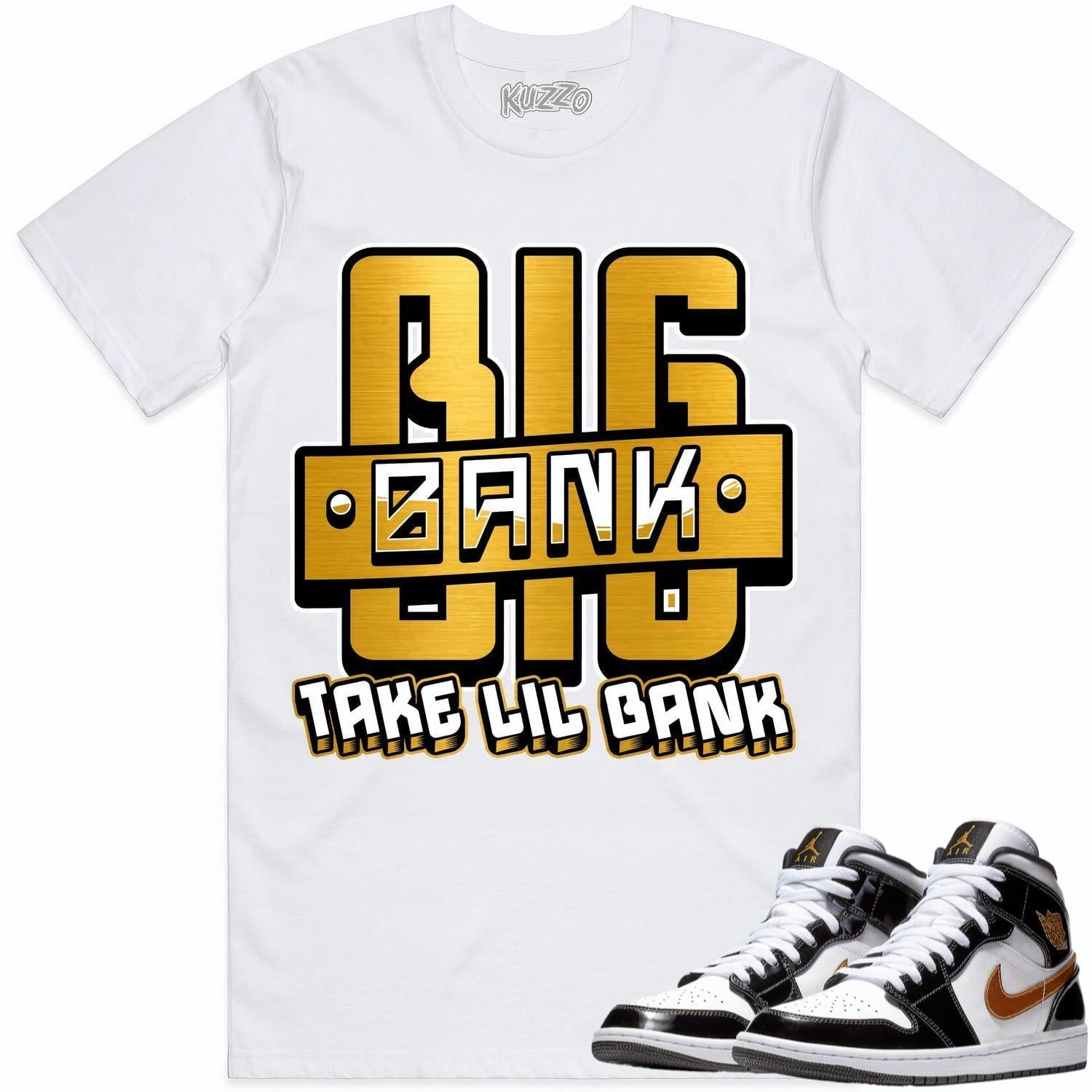 Jordan 1 Mid Patent Black Metallic Gold Shirt to Match - GOLD METALLIC BIG BANK