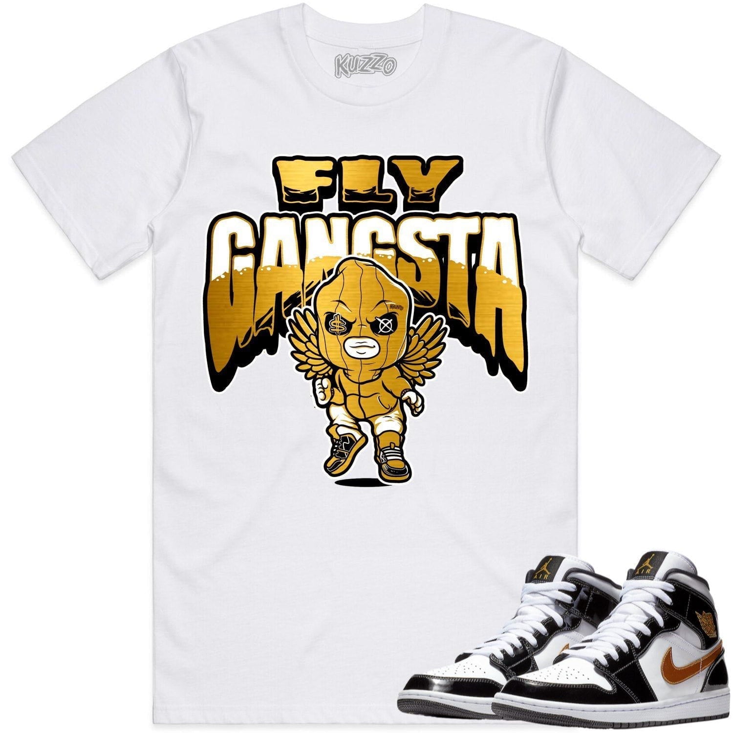 Jordan 1 Mid Patent Black Metallic Gold Shirt to Match - GOLD METALLIC FLY GANGSTA