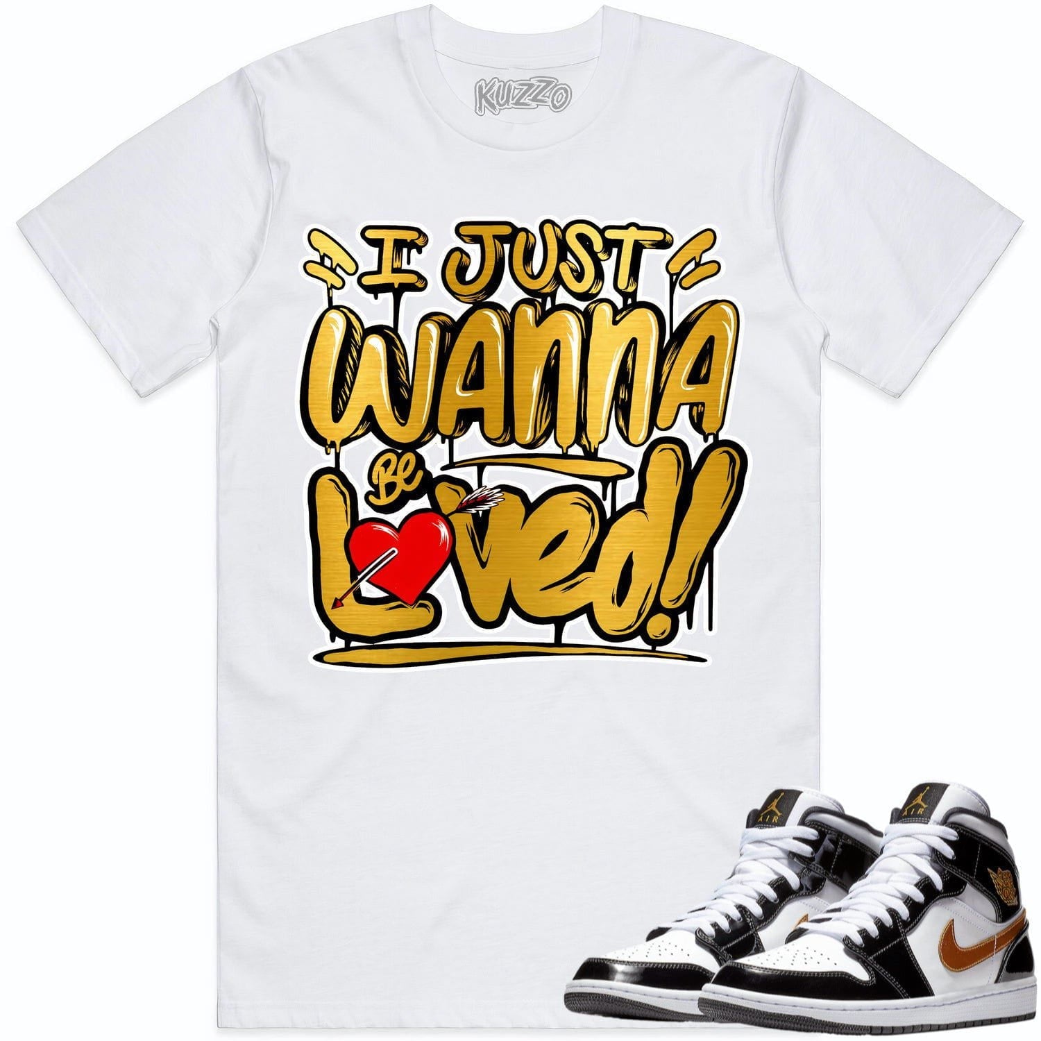 Jordan 1 Mid Patent Black Metallic Gold Shirt to Match - GOLD METALLIC LOVED