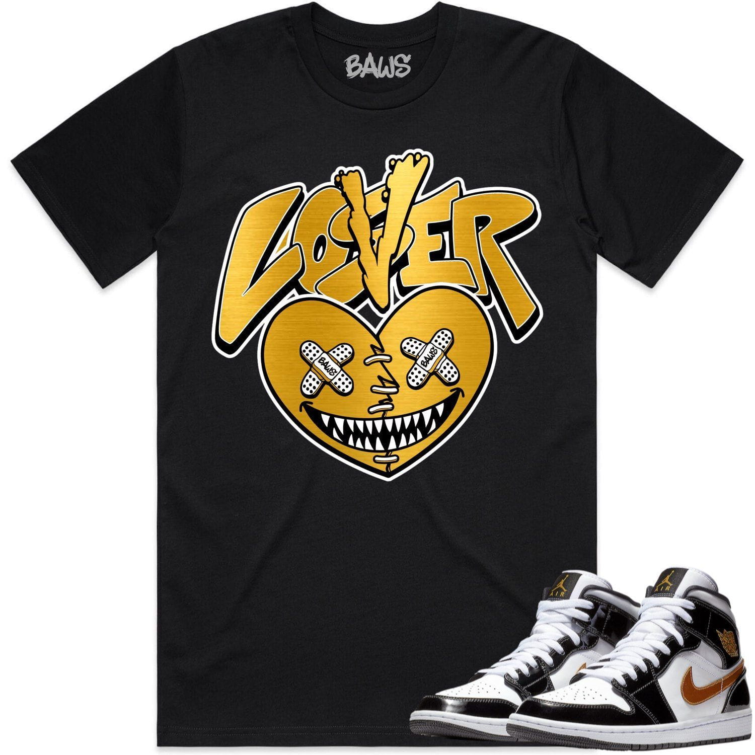 Jordan 1 Mid Patent Black Metallic Gold Shirt to Match - GOLD METALLIC LOVER LOSER BAWS