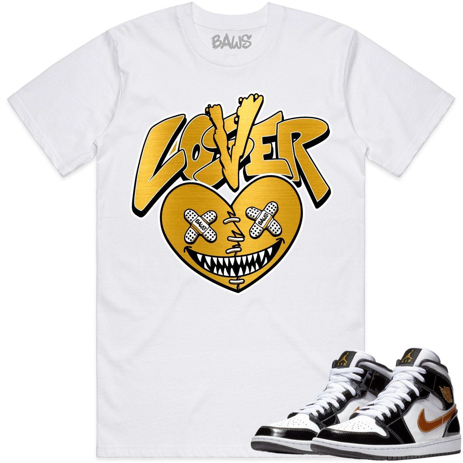 Jordan 1 Mid Patent Black Metallic Gold Shirt to Match - GOLD METALLIC LOVER LOSER BAWS