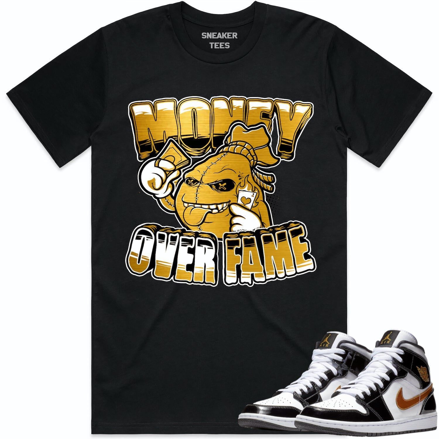 Jordan 1 Mid Patent Black Metallic Gold Shirt to Match - GOLD METALLIC MOF