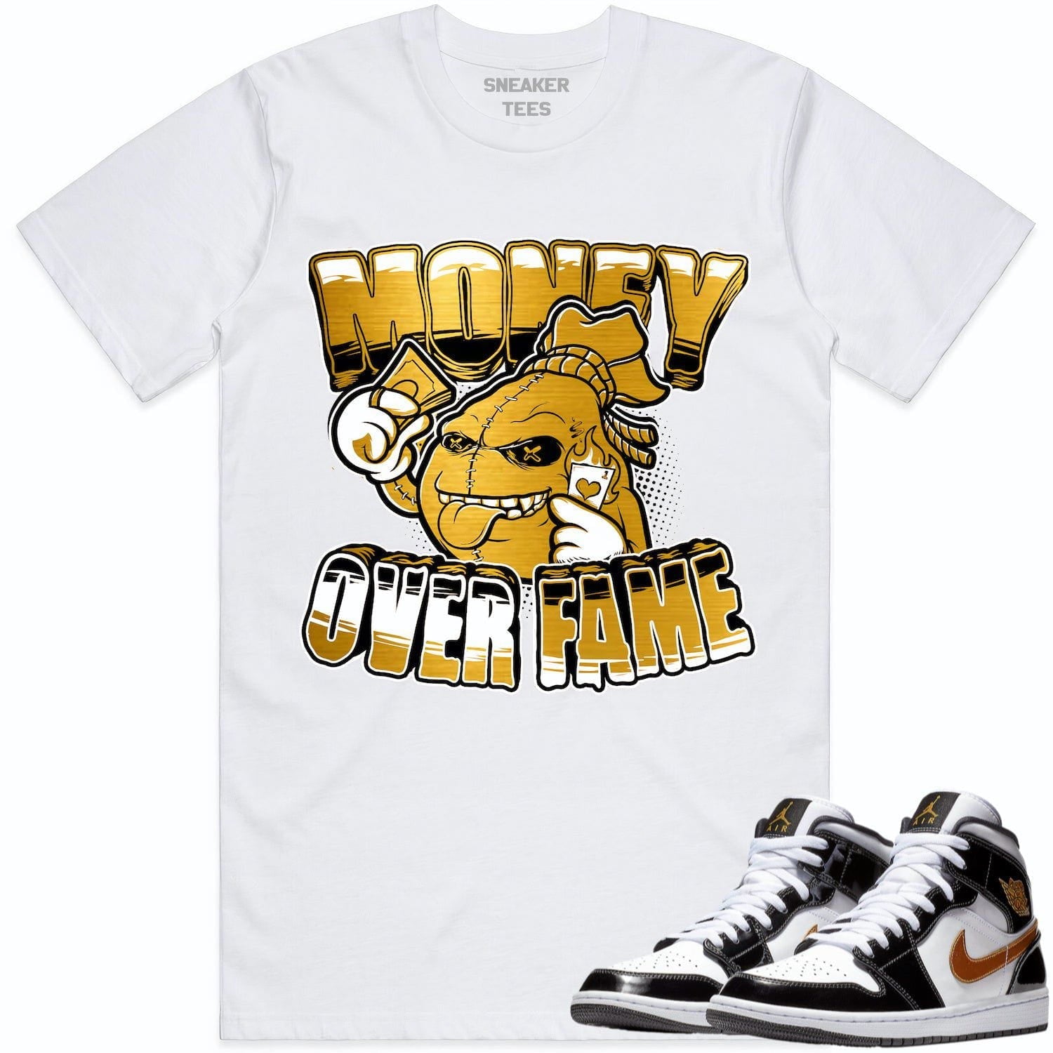 Jordan 1 Mid Patent Black Metallic Gold Shirt to Match - GOLD METALLIC MOF