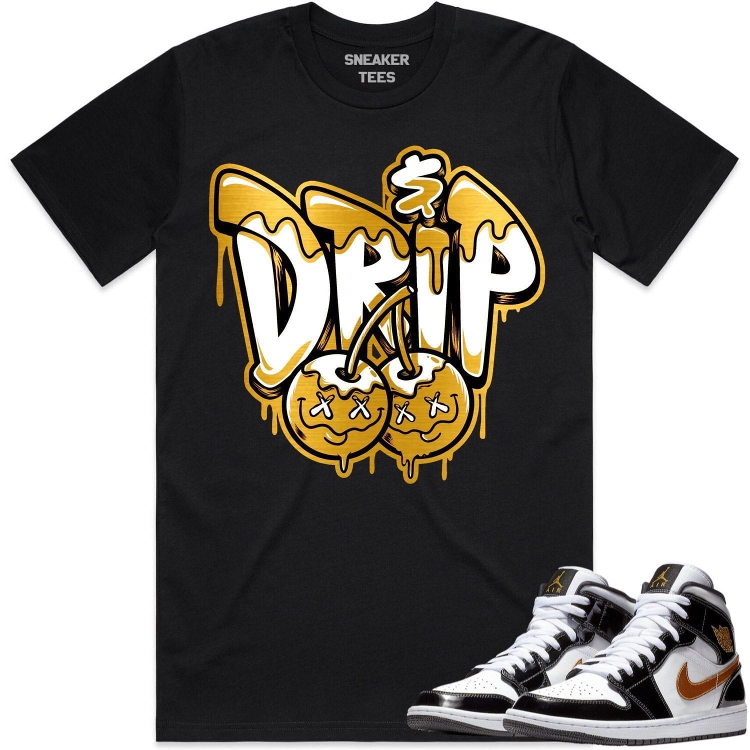 Jordan 1 Mid Patent Black Metallic Gold Shirt to Match - GOLD METALLIC MONEY DRIP