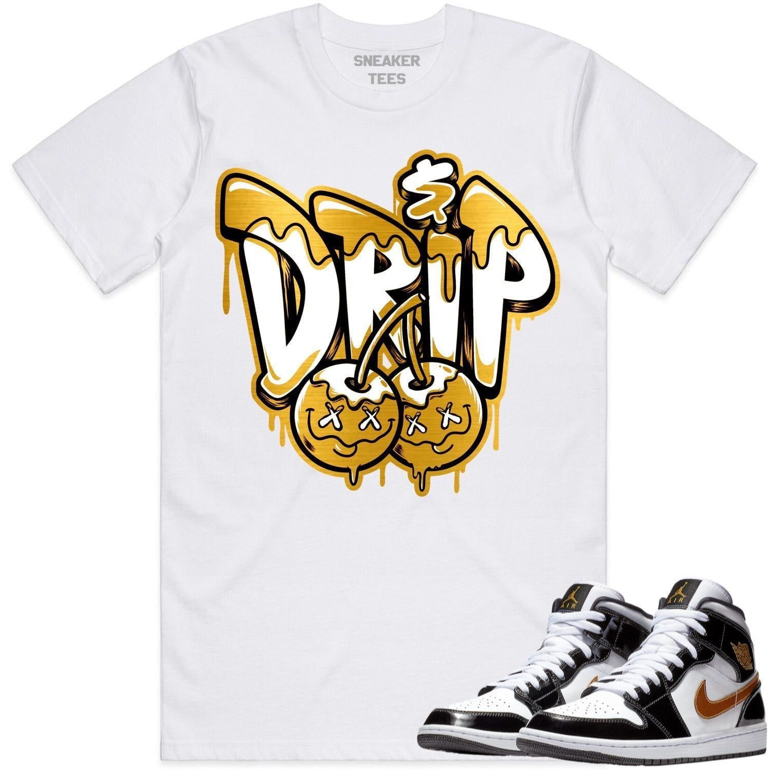 Jordan 1 Mid Patent Black Metallic Gold Shirt to Match - GOLD METALLIC MONEY DRIP