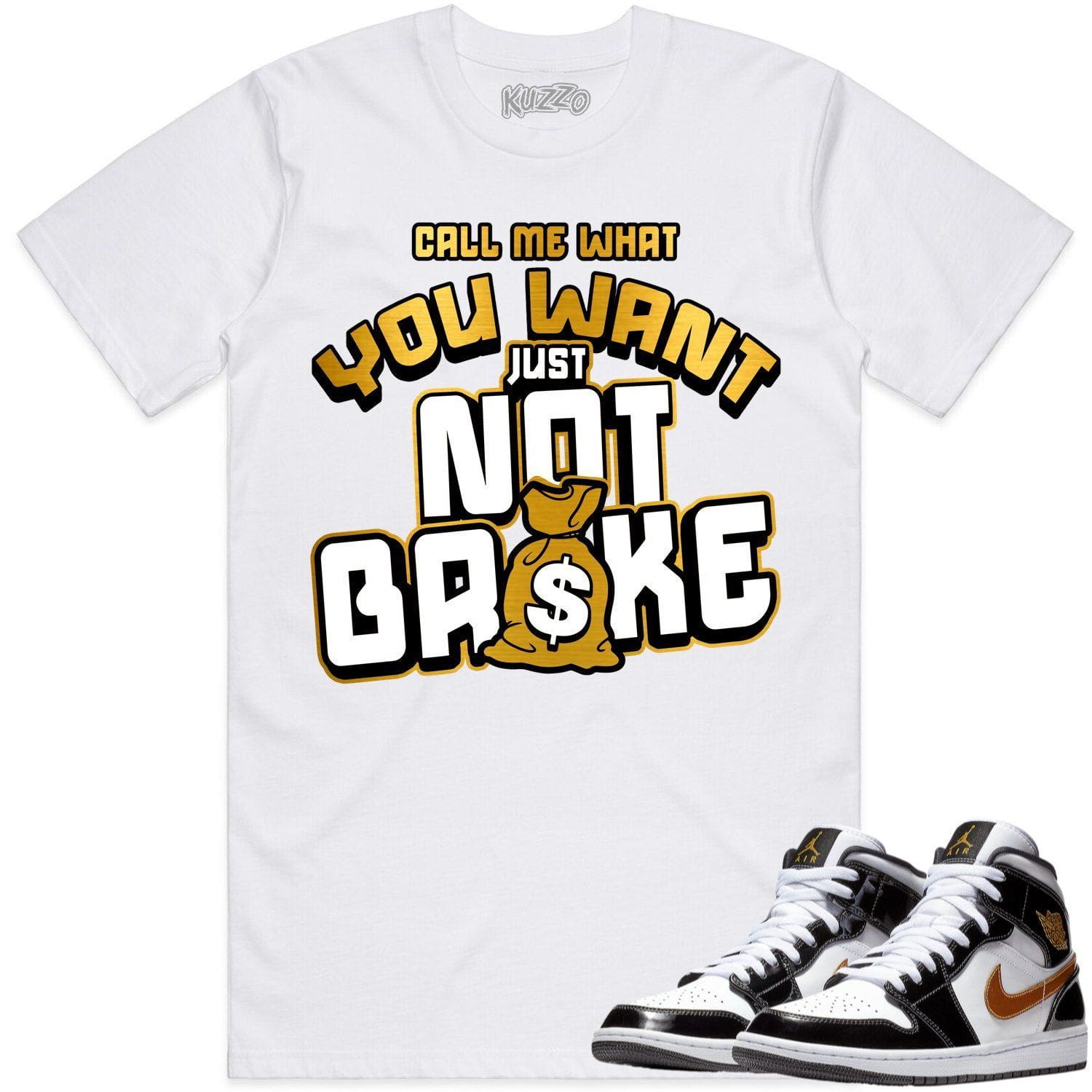 Jordan 1 Mid Patent Black Metallic Gold Shirt to Match - GOLD METALLIC NOT BROKE