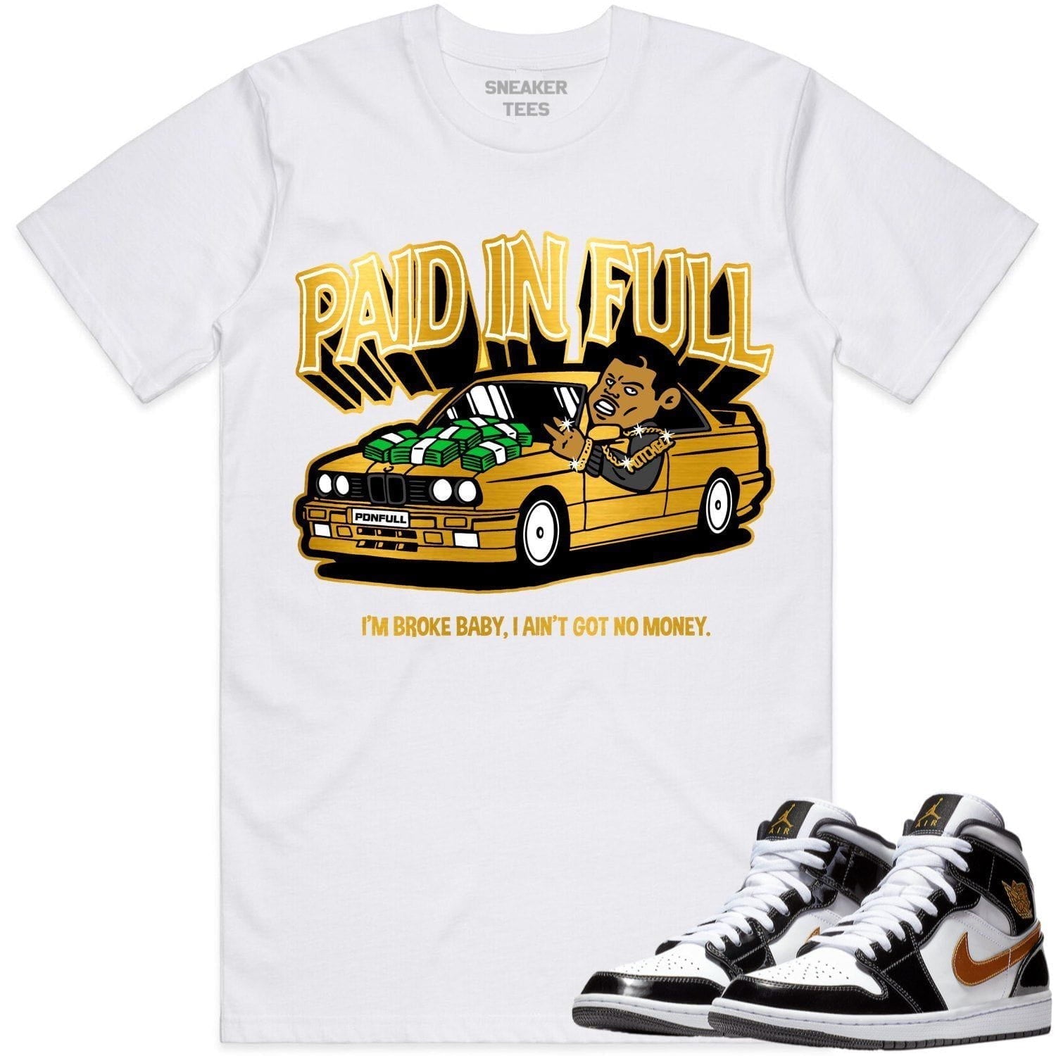 Jordan 1 Mid Patent Black Metallic Gold Shirt to Match - GOLD METALLIC PAID