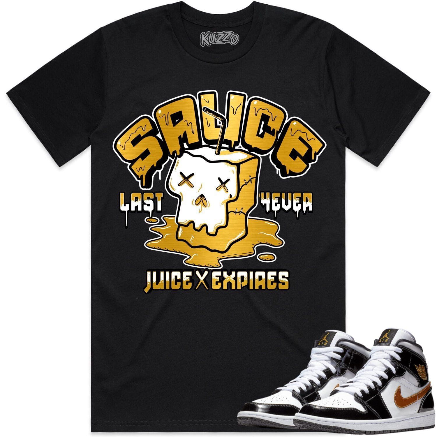 Jordan 1 Mid Patent Black Metallic Gold Shirt to Match - GOLD METALLIC SAUCE